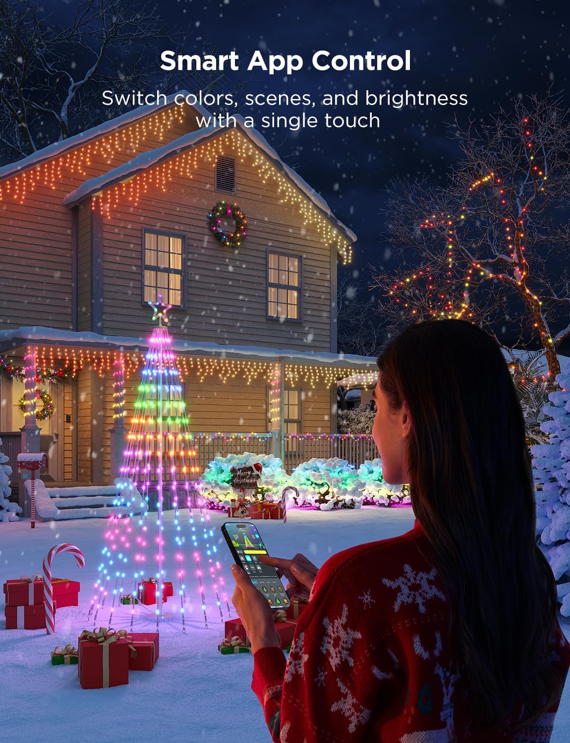Christmas Cone Tree Lights, 6ft 316 LEDs RGBIC Christmas Tree Lights with Smart App Control, IP67 Waterproof Outdoor String Lights for Xmas Decorations, 82+ Scene Modes, Music Sync, White Stand