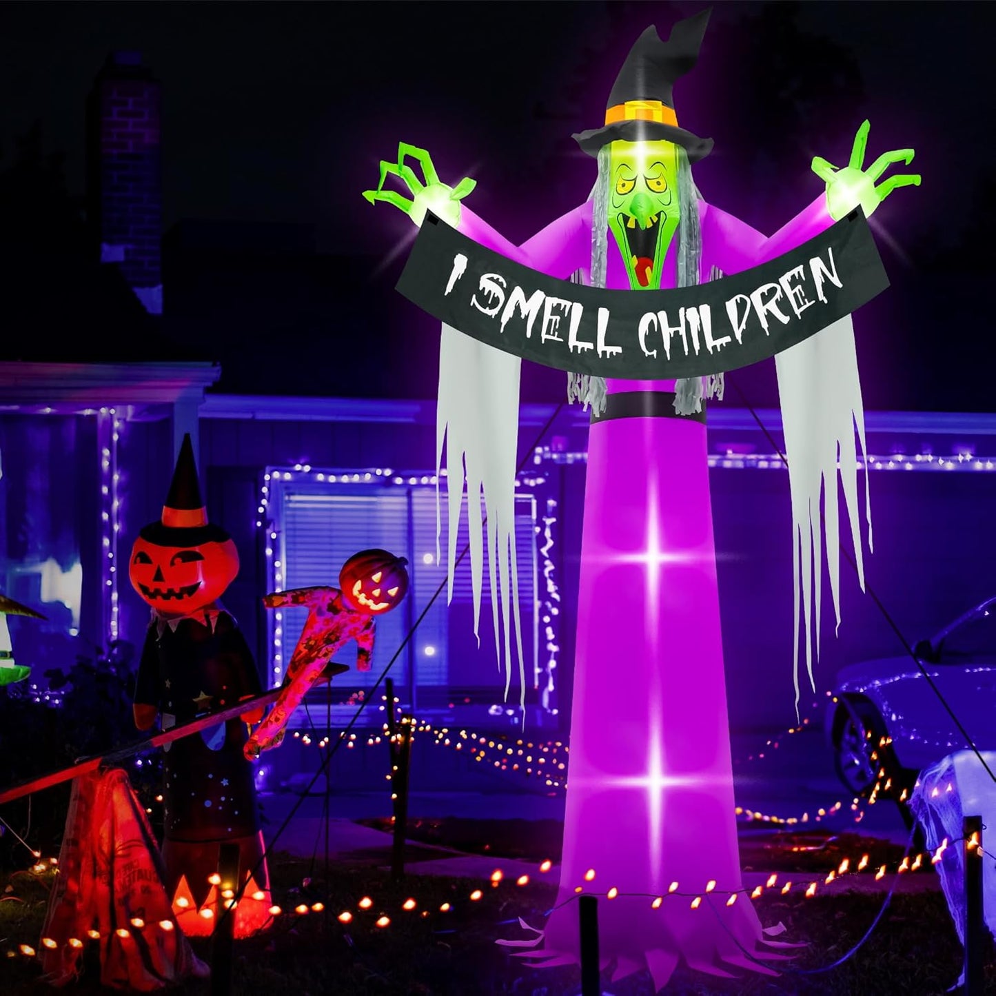 13FT Halloween Outdoor Inflatables, Scary Blow Up Witch Holding