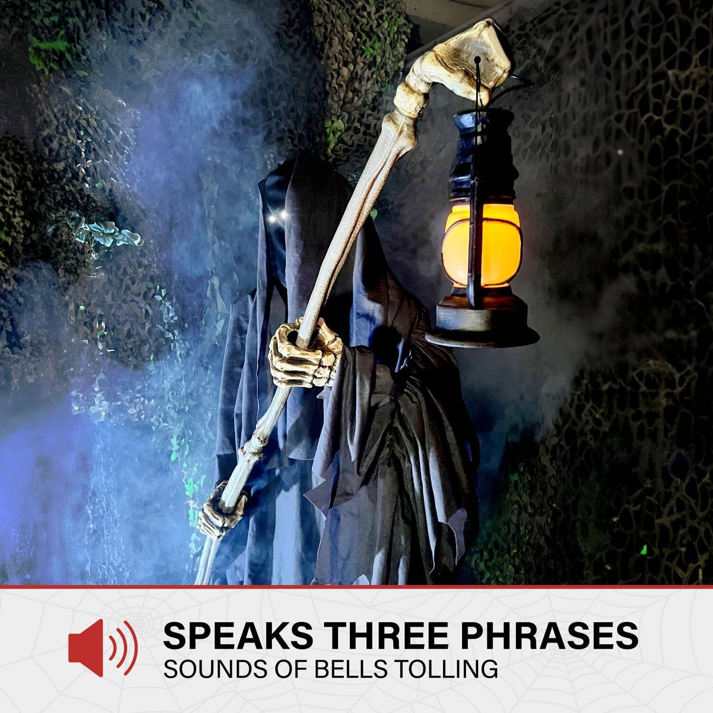 Motion-Activated 6-Ft. Tall Ghostly Guide, Plug-in Talking Scare Prop Animatronic with Spooky Sound Effects and Lights for Indoor or Covered Outdoor Creepy Halloween Decoration