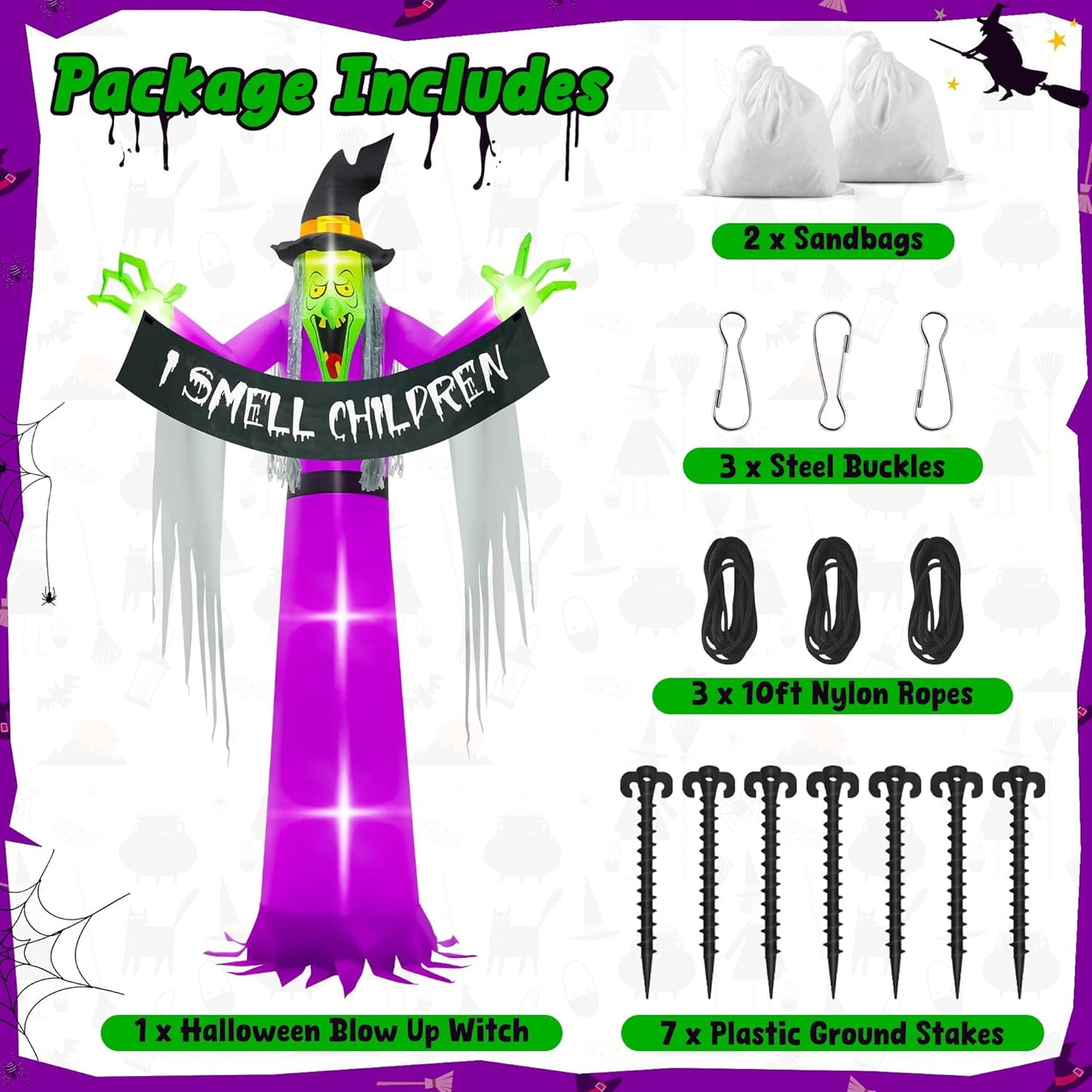 13FT Halloween Outdoor Inflatables, Scary Blow Up Witch Holding