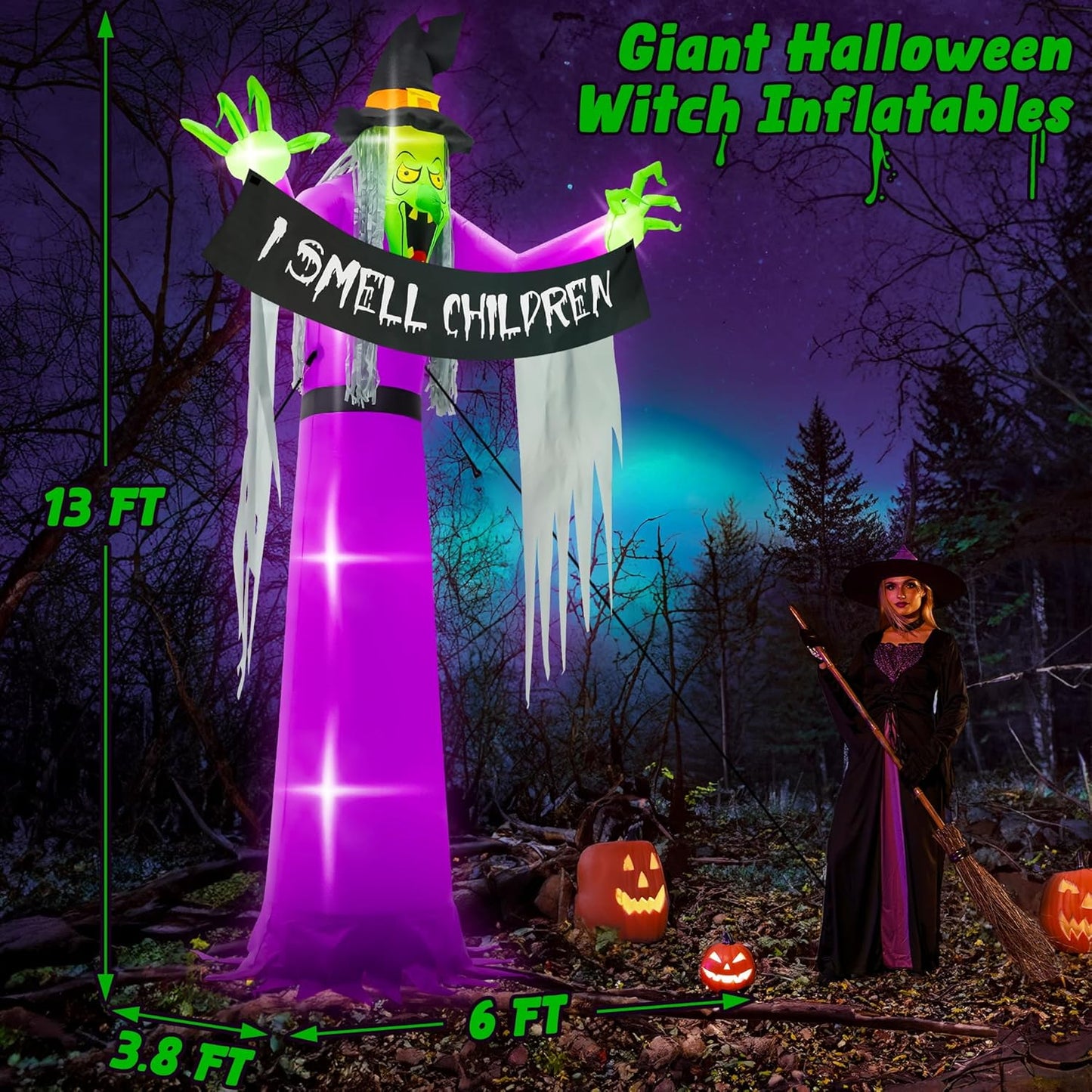 13FT Halloween Outdoor Inflatables, Scary Blow Up Witch Holding