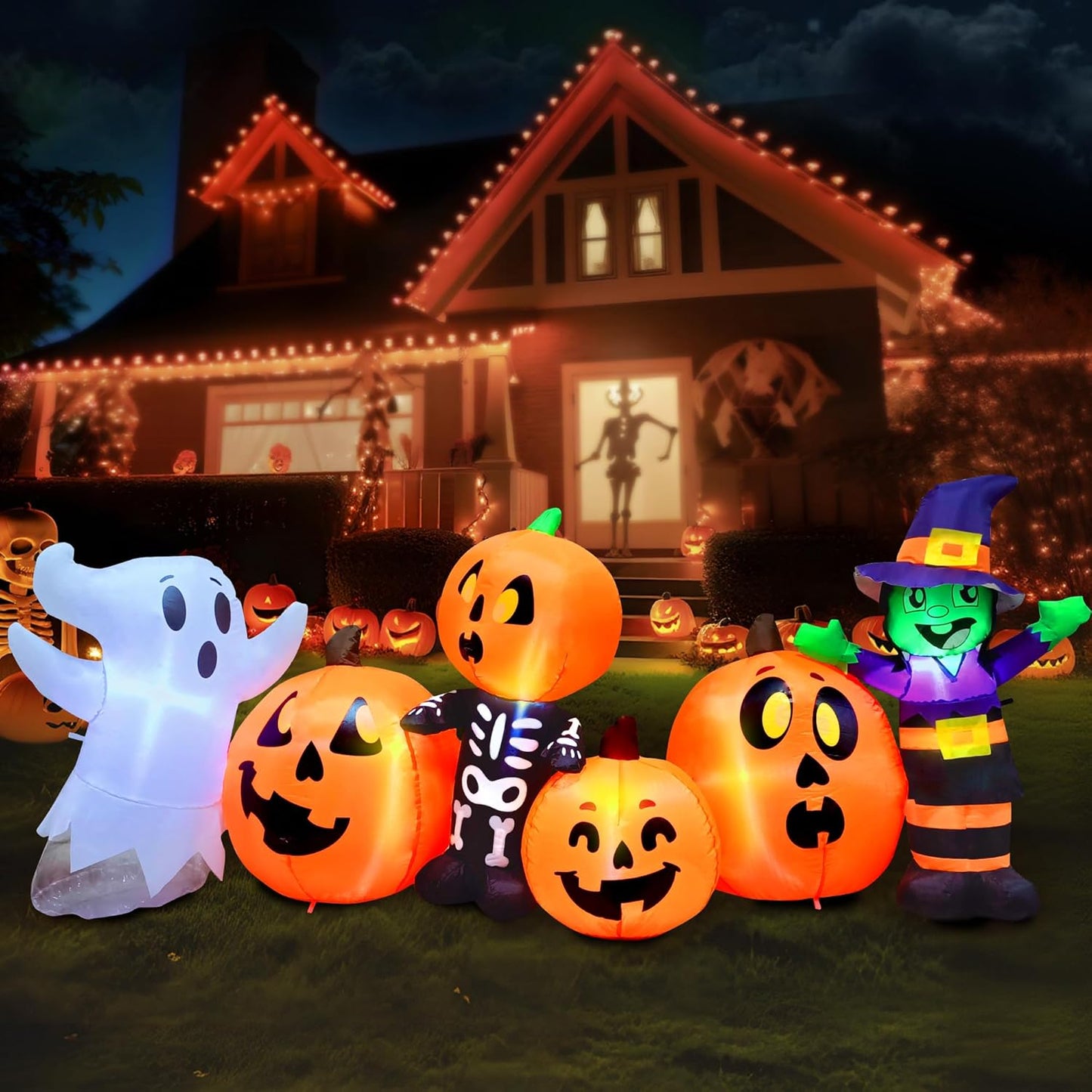 8 ft Long Halloween Inflatable Three Characters and Pumpkin Patch Outdoor Decoration