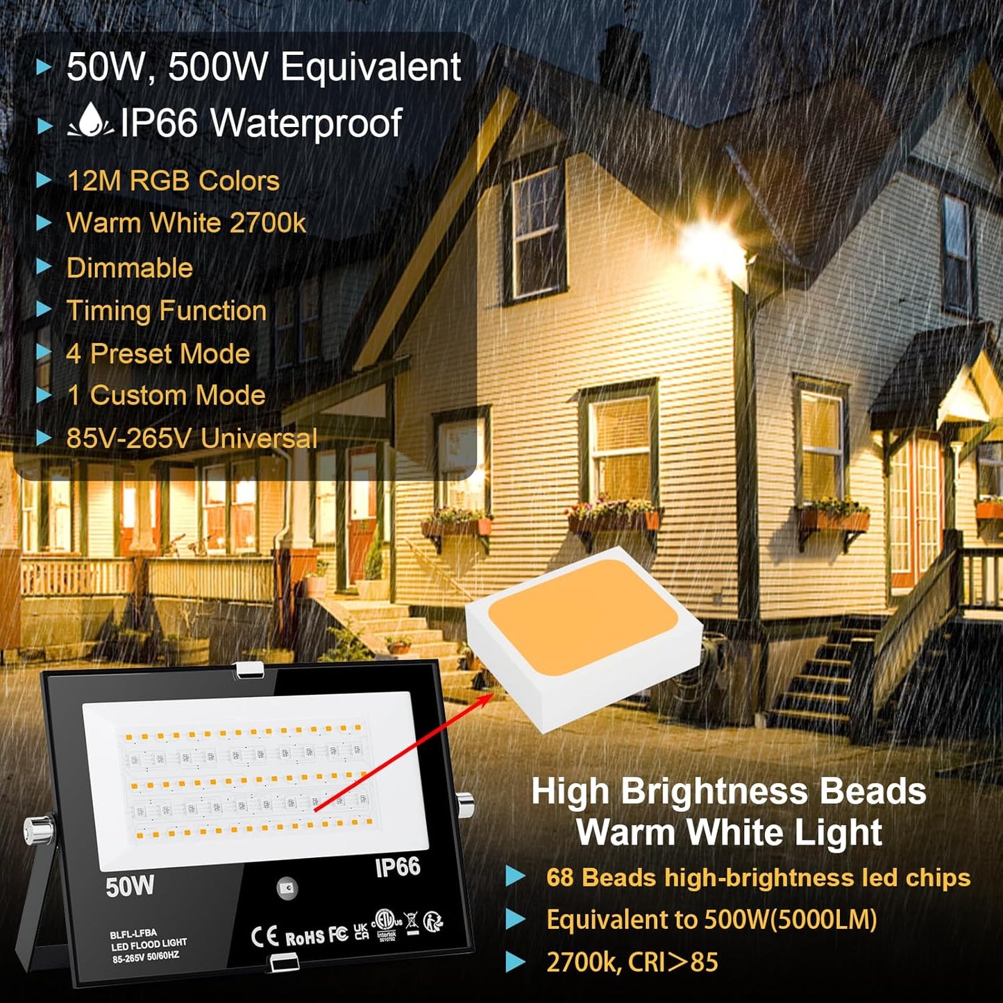 LED Flood Light Outdoor 500W Equivalent Color Changing Landscape Lighting