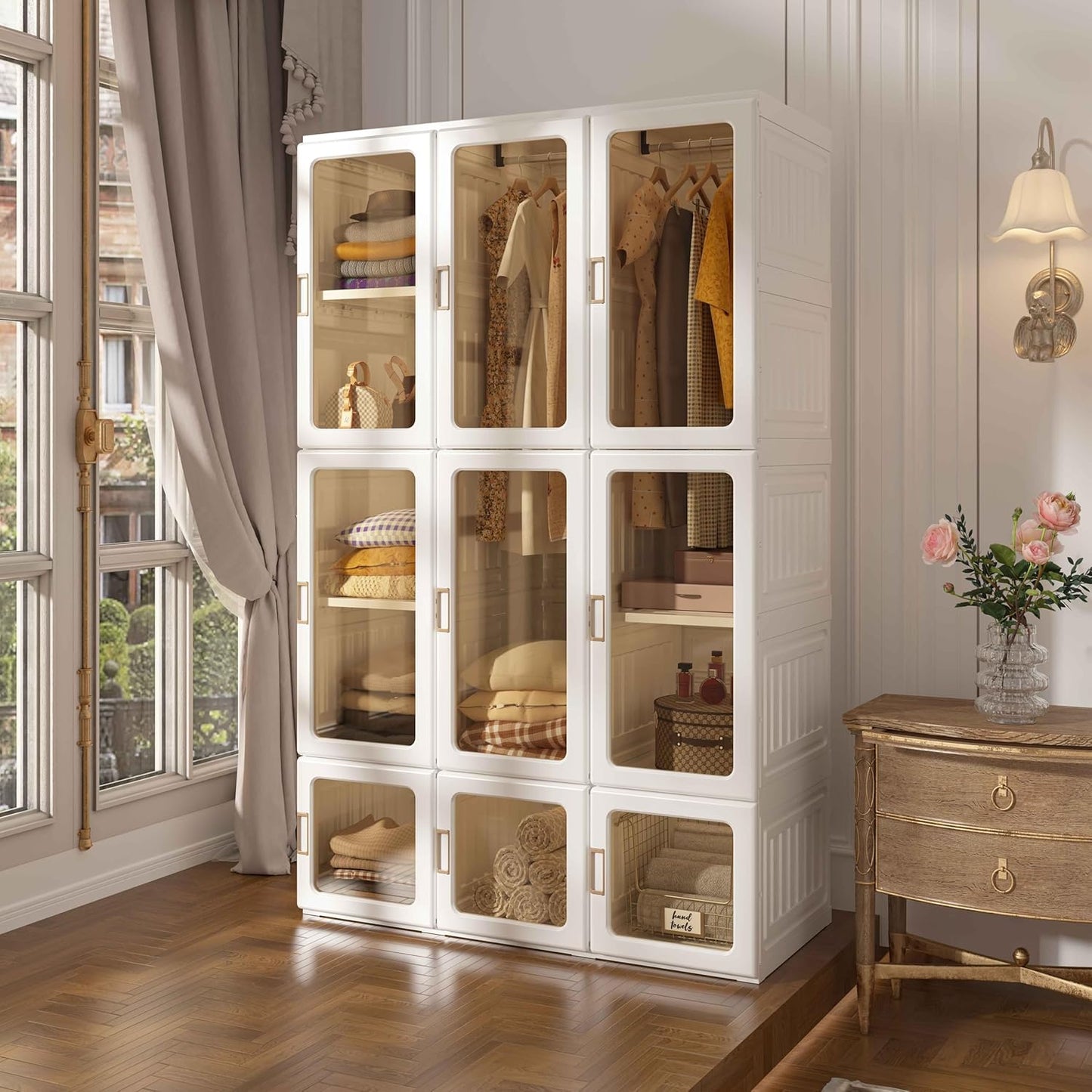 Portable Wardrobe Closet Storage Organizer for Clothes,Suitable for Living Room, Bedroom,Plastic Wardrobe with Magnetic Transparent Door and Easy Assembly 8 Cubes & 2 Hanging Rod
