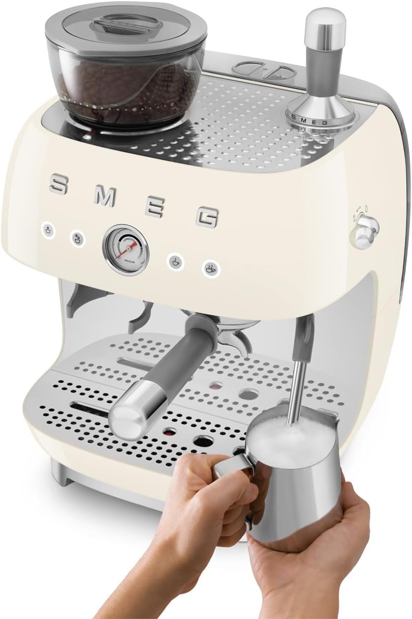 Smeg EGF03 Semi-Automatic Espresso Machine with Built-In Grinder, Dual Thermoblock, 50’s Retro Style – Cream (120 V)