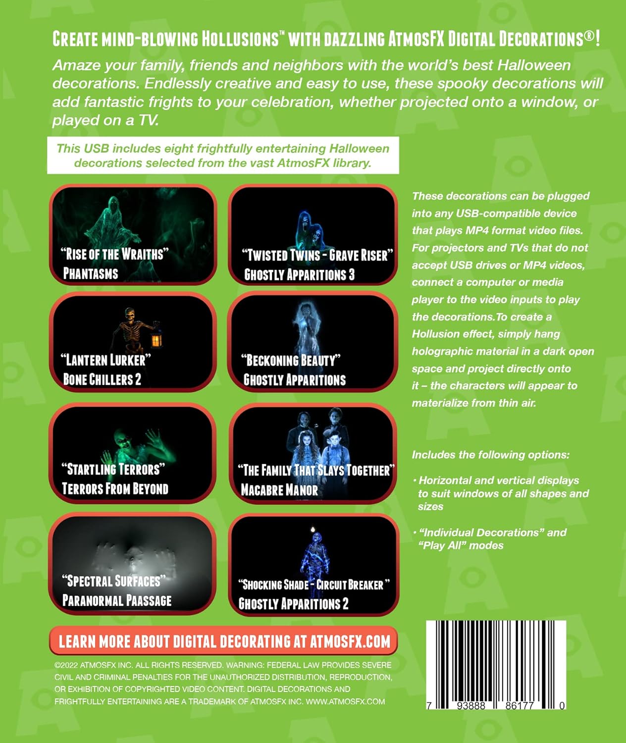 Spooky Halloween Hollusion Digital Decoration Kit Includes 8 AtmosFX Video Effects for Halloween Plus HD Super Bright Projector and 5.5' x 9' Holographic Projection Screen