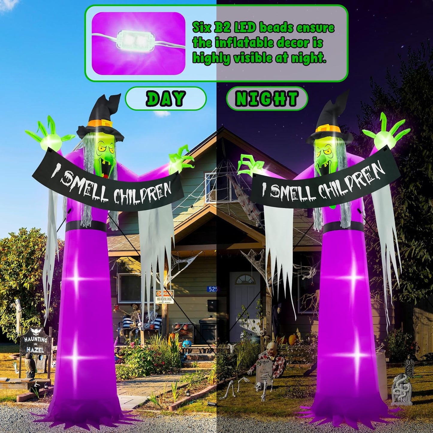 13FT Halloween Outdoor Inflatables, Scary Blow Up Witch Holding