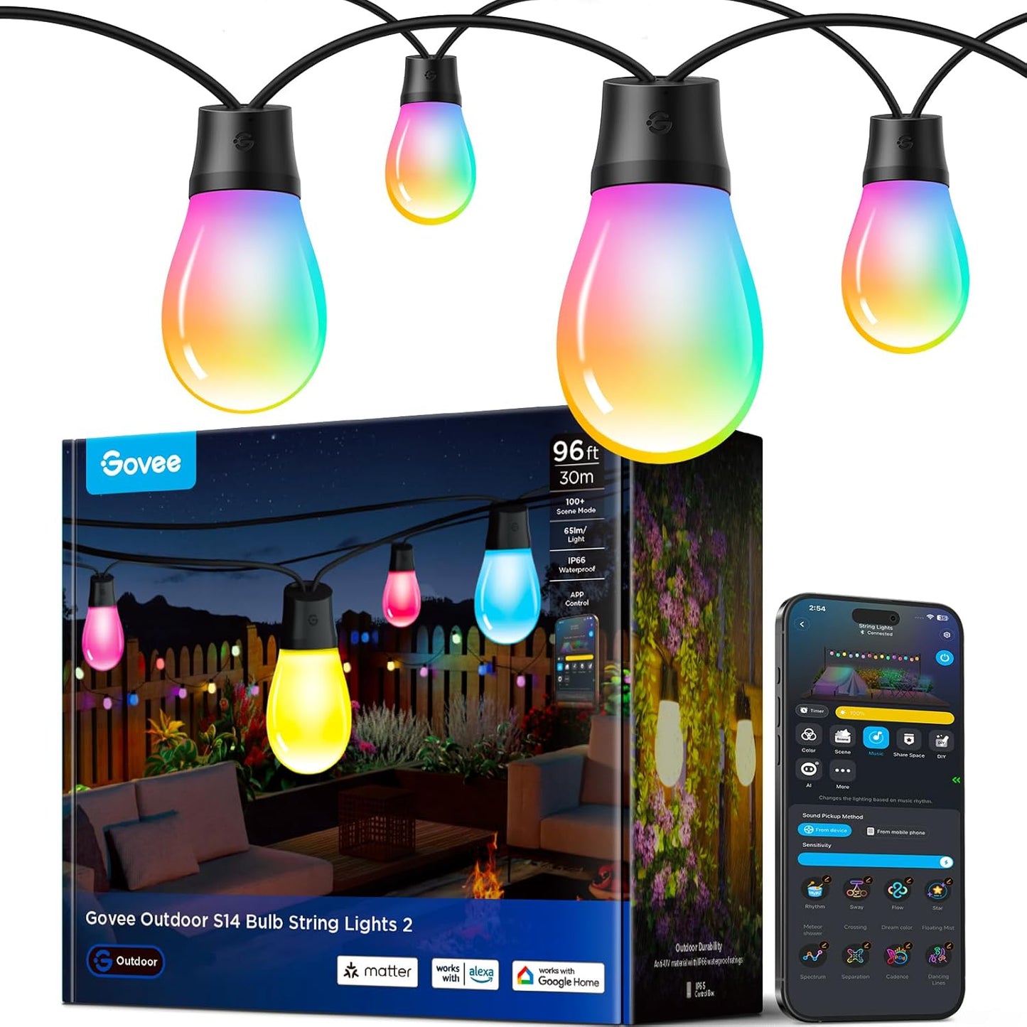 S14 Bulb Outdoor String Lights 2, 96ft Smart RGBIC Warm White Patio Lights