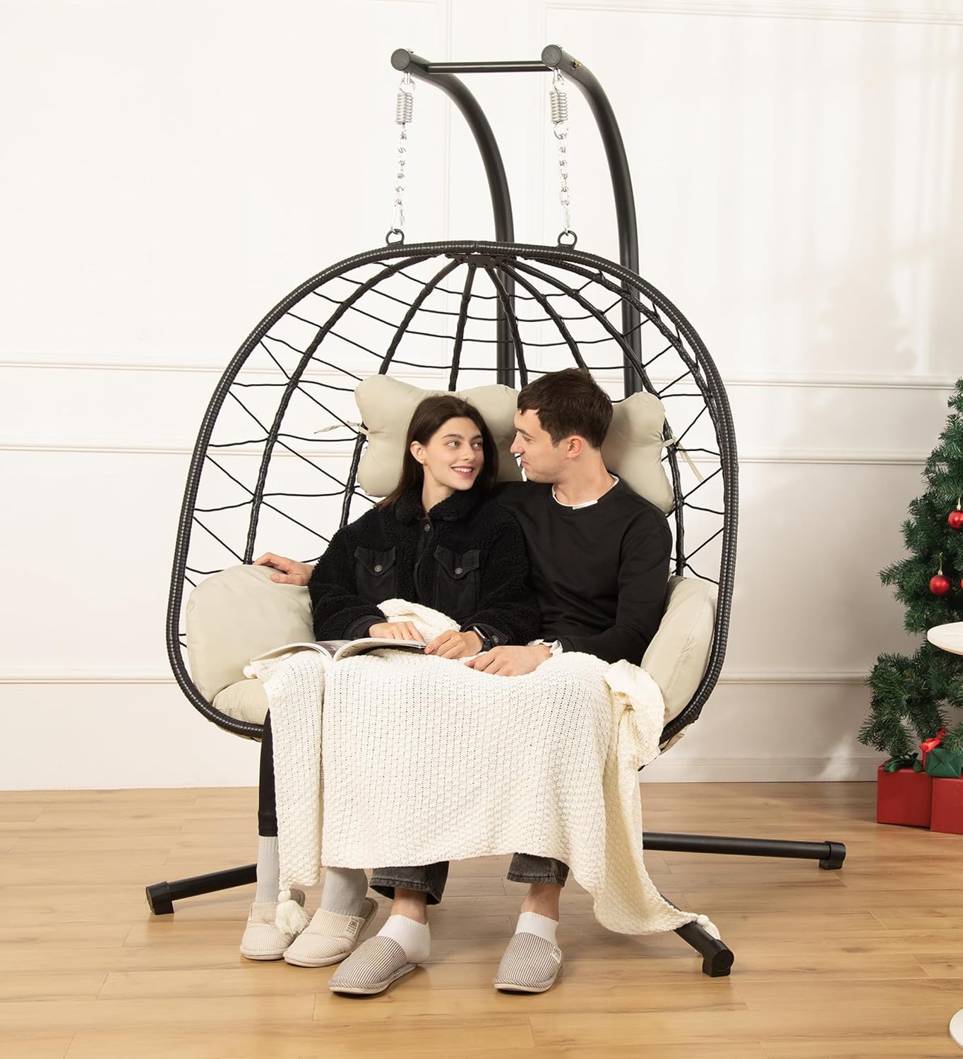 Egg Chair with Stand Hammock Swing Chair Foldable Hanging Loveseat, UV Resistant Removable Cushions, 700LBS Capacity for Bedroom, Balcony, Garden(BK-BL)