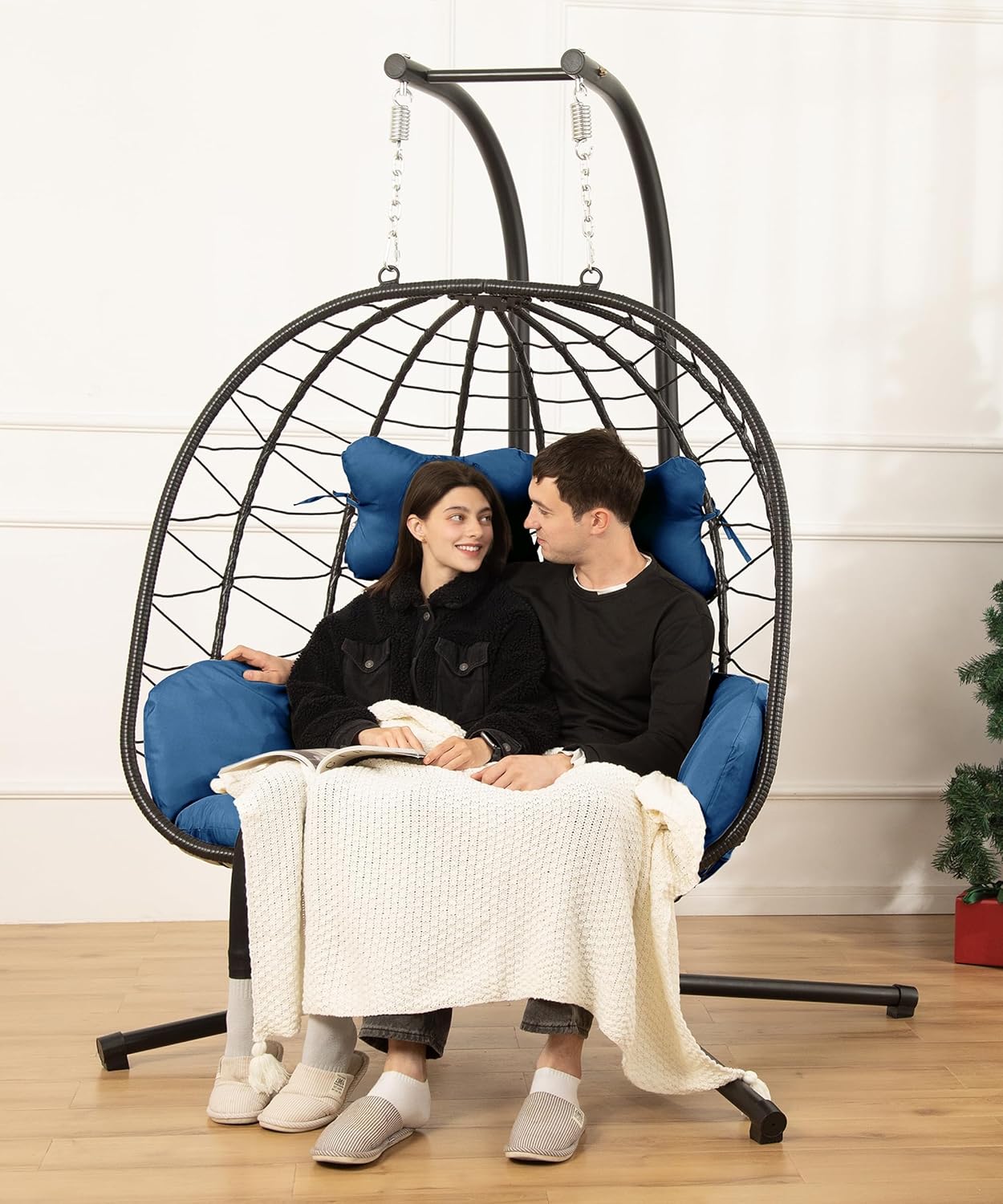 Egg Chair with Stand Hammock Swing Chair Foldable Hanging Loveseat, UV Resistant Removable Cushions, 700LBS Capacity for Bedroom, Balcony, Garden(BK-BL)