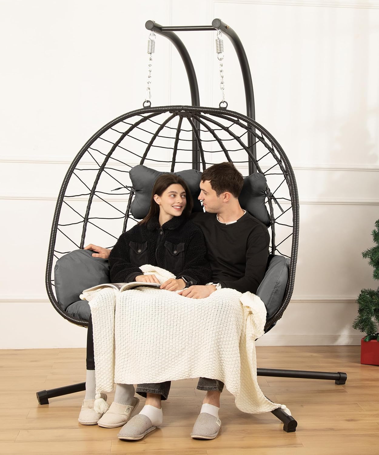 Egg Chair with Stand Hammock Swing Chair Foldable Hanging Loveseat, UV Resistant Removable Cushions, 700LBS Capacity for Bedroom, Balcony, Garden(BK-BL)