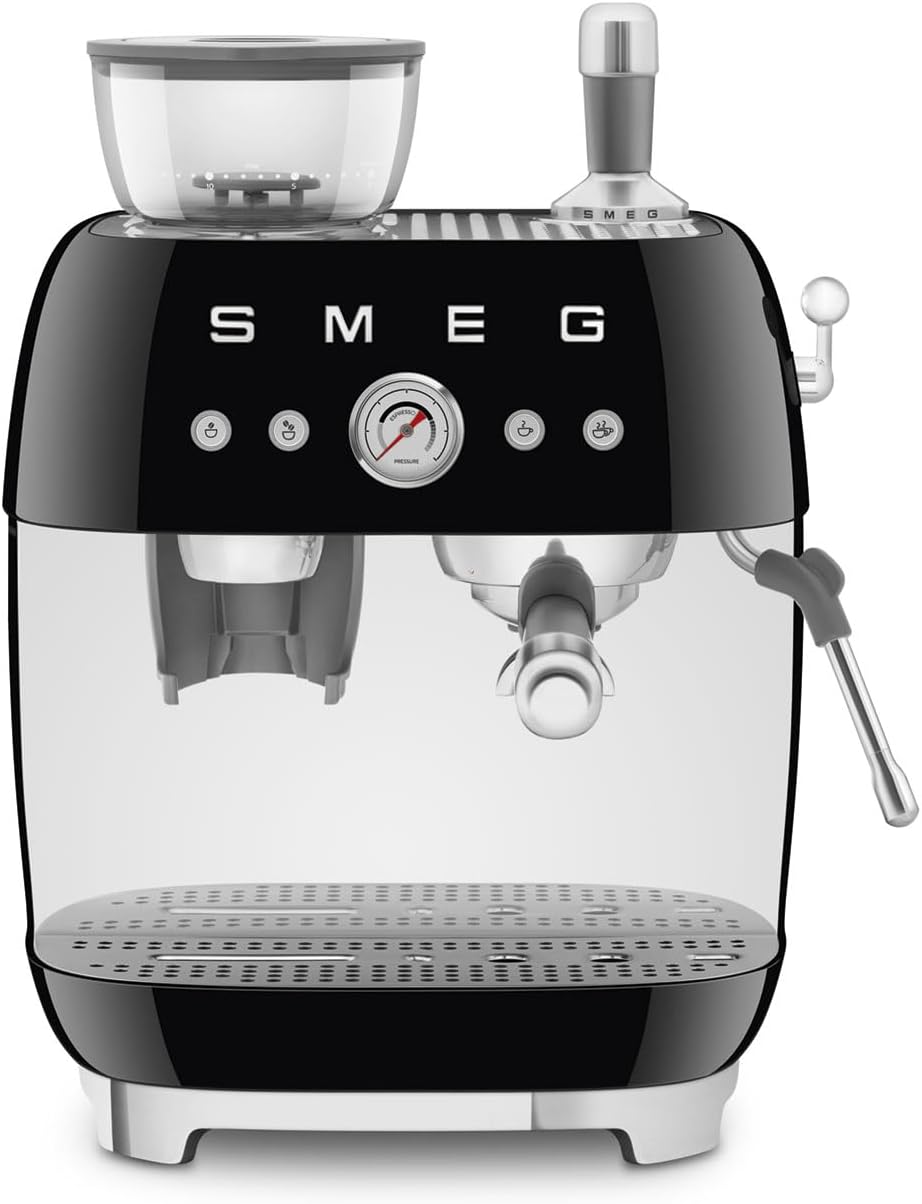Smeg EGF03 Semi-Automatic Espresso Machine with Built-In Grinder, Dual Thermoblock, 50’s Retro Style – Cream (120 V)