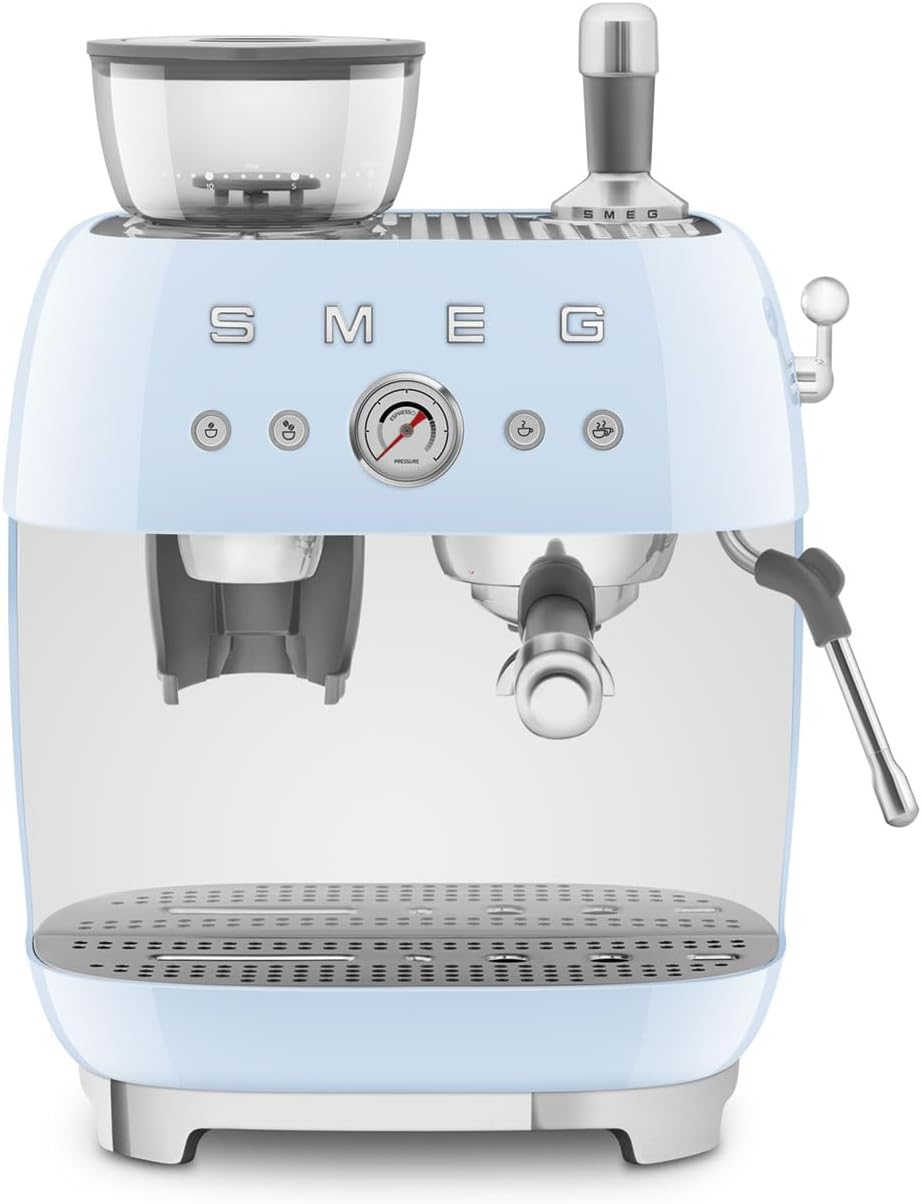 Smeg EGF03 Semi-Automatic Espresso Machine with Built-In Grinder, Dual Thermoblock, 50’s Retro Style – Cream (120 V)