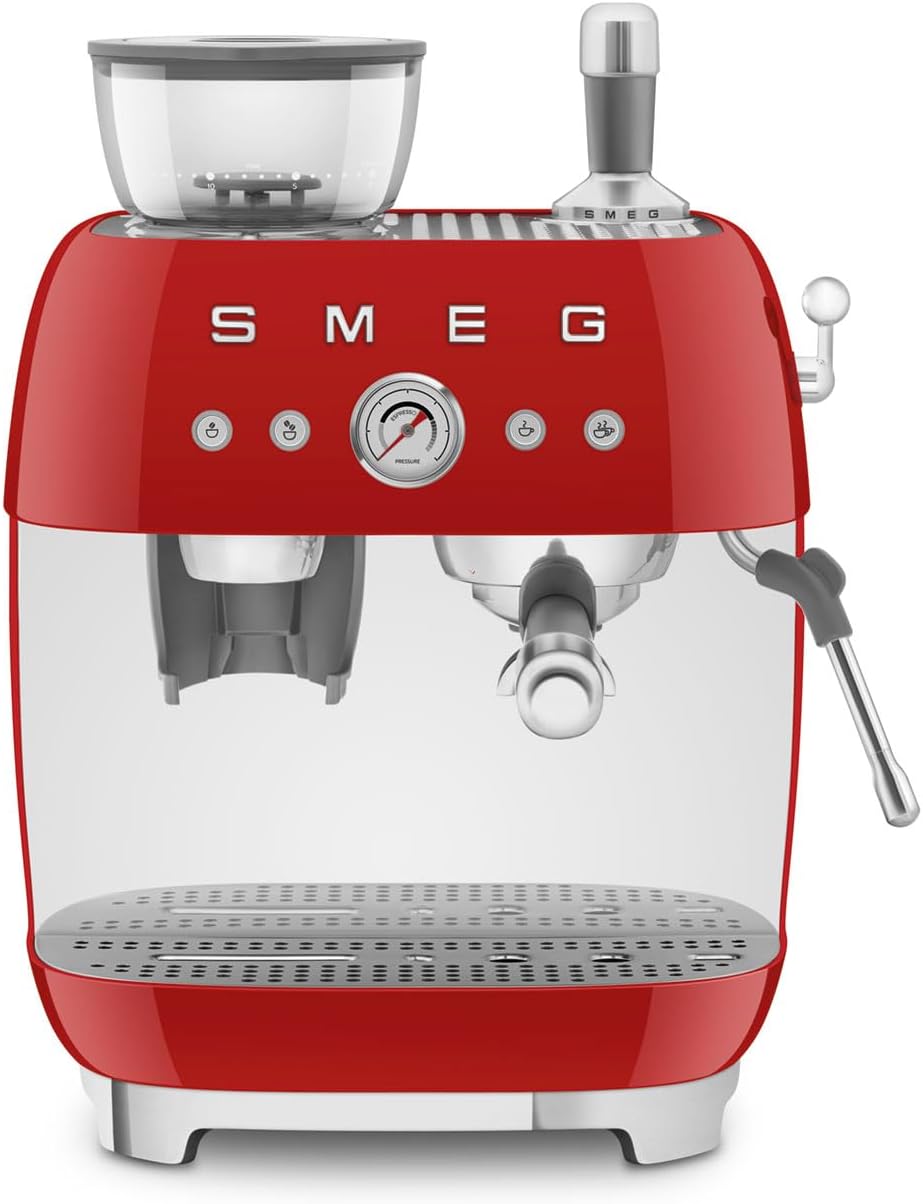 Smeg EGF03 Semi-Automatic Espresso Machine with Built-In Grinder, Dual Thermoblock, 50’s Retro Style – Cream (120 V)