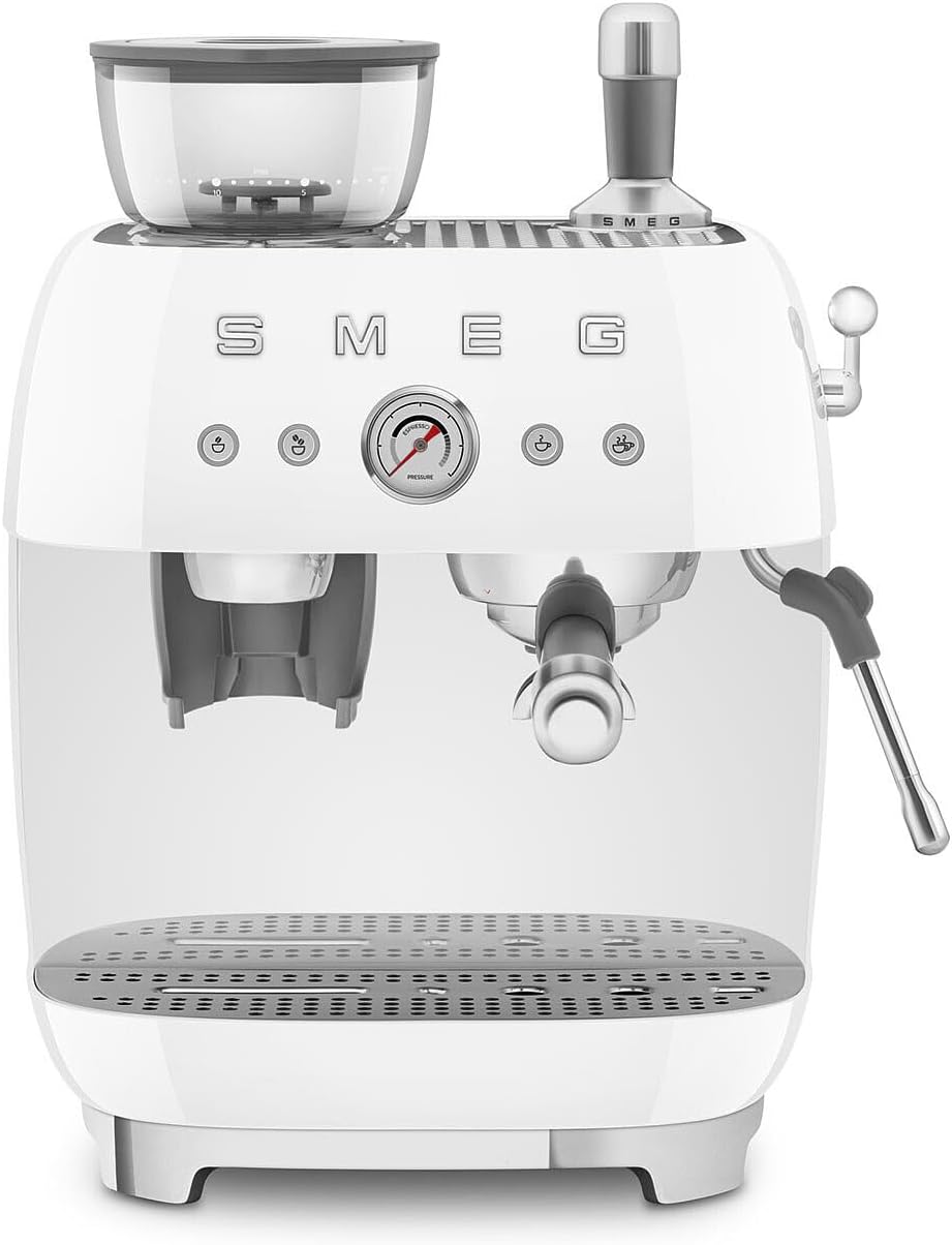 Smeg EGF03 Semi-Automatic Espresso Machine with Built-In Grinder, Dual Thermoblock, 50’s Retro Style – Cream (120 V)