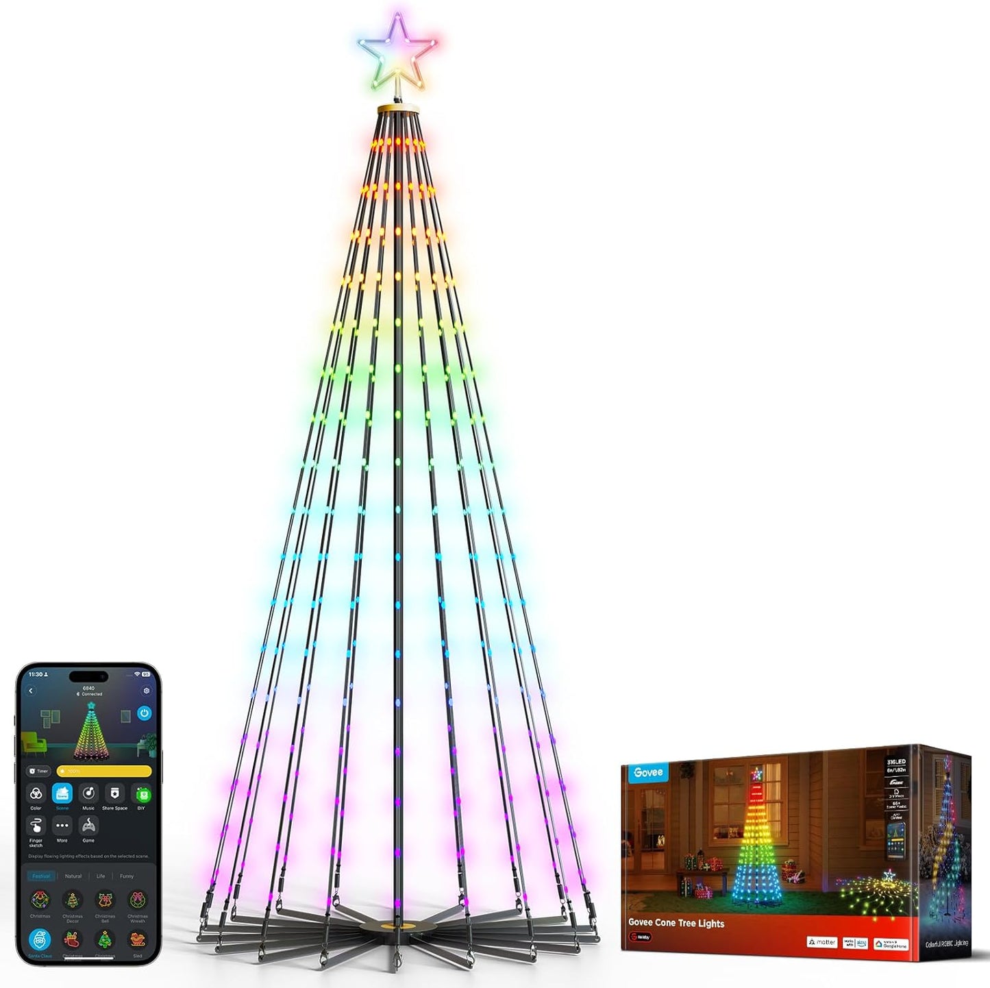 Christmas Cone Tree Lights, 6ft 316 LEDs RGBIC Christmas Tree Lights with Smart App Control, IP67 Waterproof Outdoor String Lights for Xmas Decorations, 82+ Scene Modes, Music Sync, White Stand
