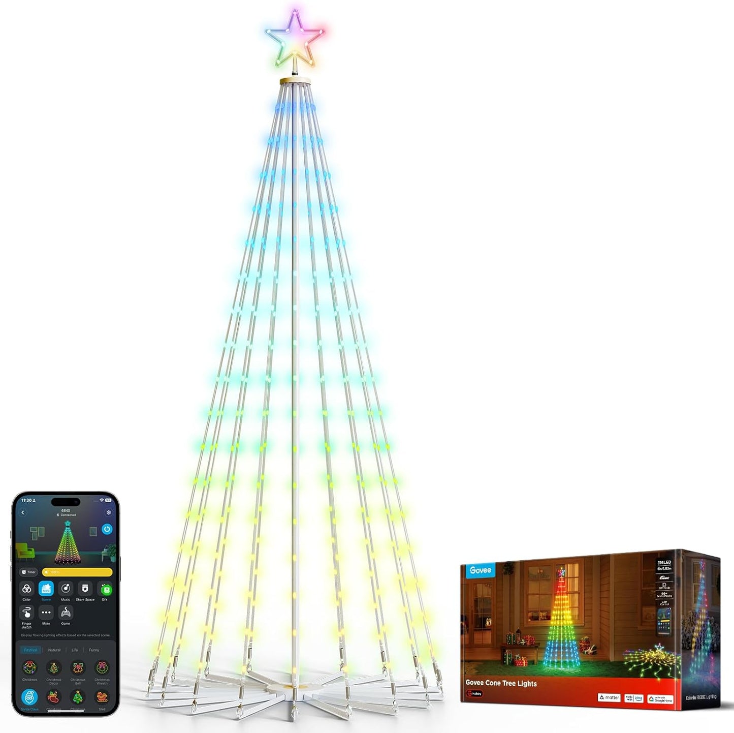 Christmas Cone Tree Lights, 6ft 316 LEDs RGBIC Christmas Tree Lights with Smart App Control, IP67 Waterproof Outdoor String Lights for Xmas Decorations, 82+ Scene Modes, Music Sync, White Stand