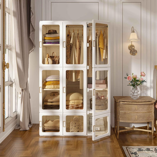 Portable Wardrobe Closet Storage Organizer for Clothes,Suitable for Living Room, Bedroom,Plastic Wardrobe with Magnetic Transparent Door and Easy Assembly 8 Cubes & 2 Hanging Rod
