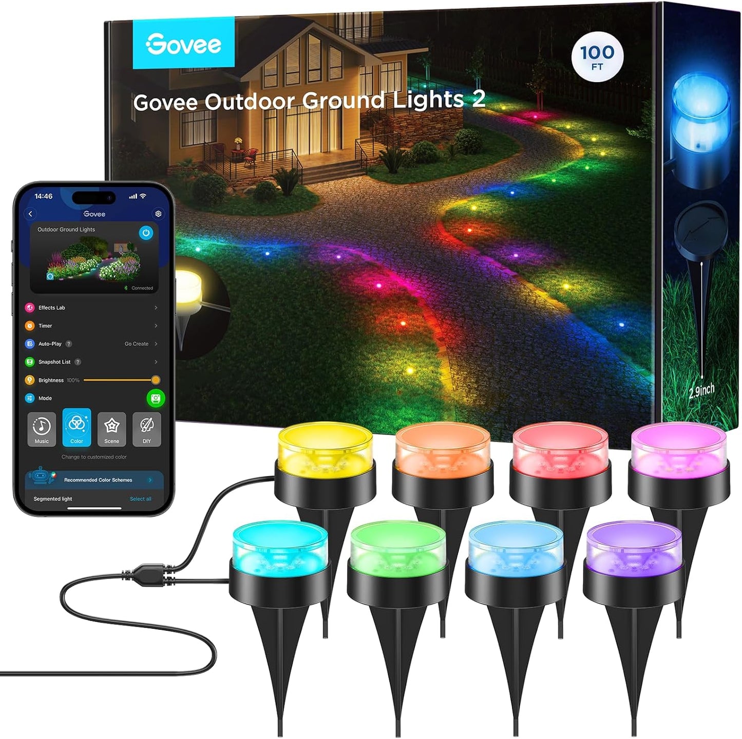 Outdoor Ground Lights 2, 100ft for Patio Decorations, 30 Pack RGBIC Pathway