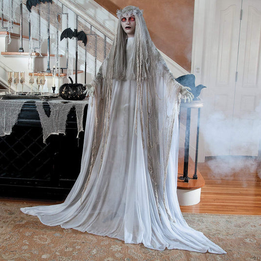 Standing Ghost Girl Halloween Decorations Outdoor - 5ft 7in Light Up Ghost with Flashing Red Eyes