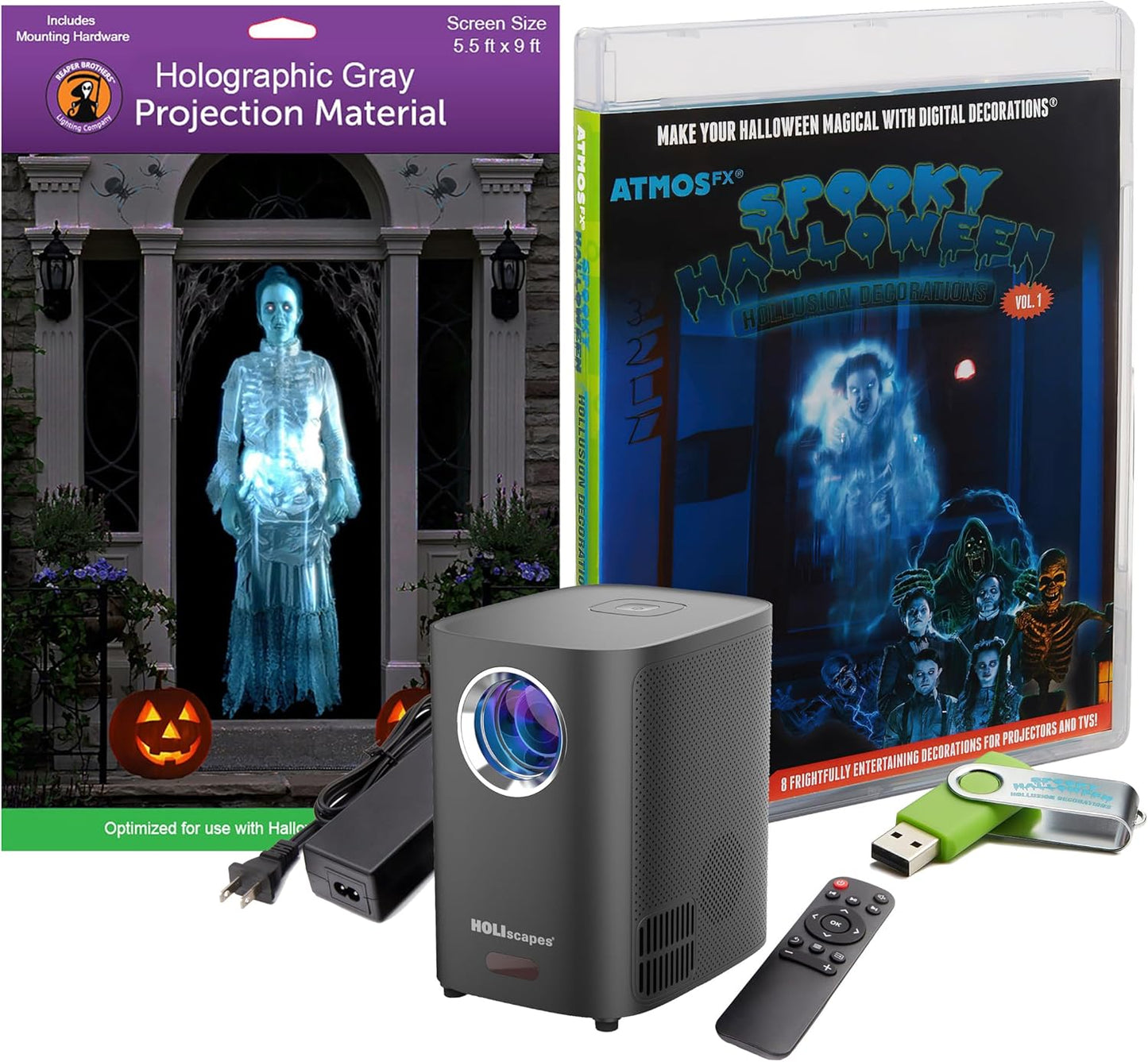 Spooky Halloween Hollusion Digital Decoration Kit Includes 8 AtmosFX Video Effects for Halloween Plus HD Super Bright Projector and 5.5' x 9' Holographic Projection Screen