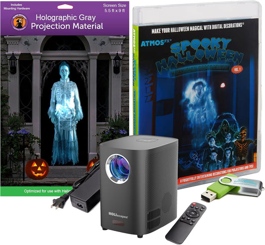 Spooky Halloween Hollusion Digital Decoration Kit Includes 8 AtmosFX Video Effects for Halloween Plus HD Super Bright Projector and 5.5' x 9' Holographic Projection Screen