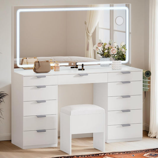 46'' Vanity Desk with Large LED Lighted Mirror & Charging Ports, 11-Drawer Makeup Table Set with Storage Stool for Dressing Room, 3 Lighting Modes Brightness Adjustable,