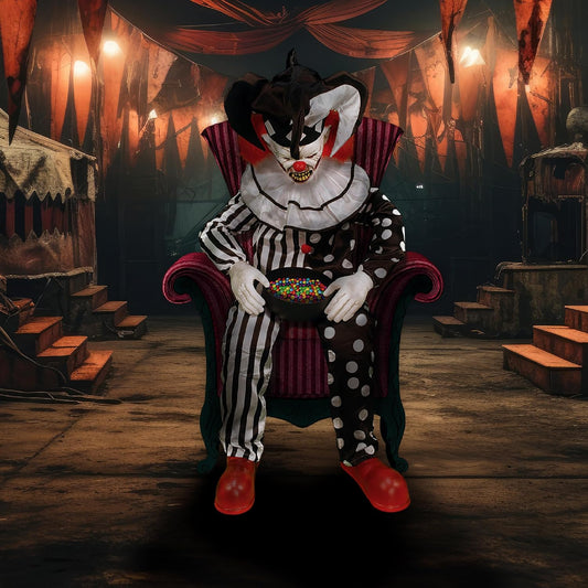 Hartley The Sitting Scare Clown by Tekky, Motion-Activated Talking Jump-Scare Halloween Animatronic for Halloween Party Prank Decoration