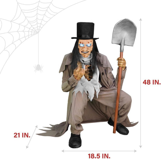 Motion-Activated Crouching Grave Digger by Tekky, Talking Halloween Animatronic for Indoor or Covered Outdoor Creepy Halloween Decorations