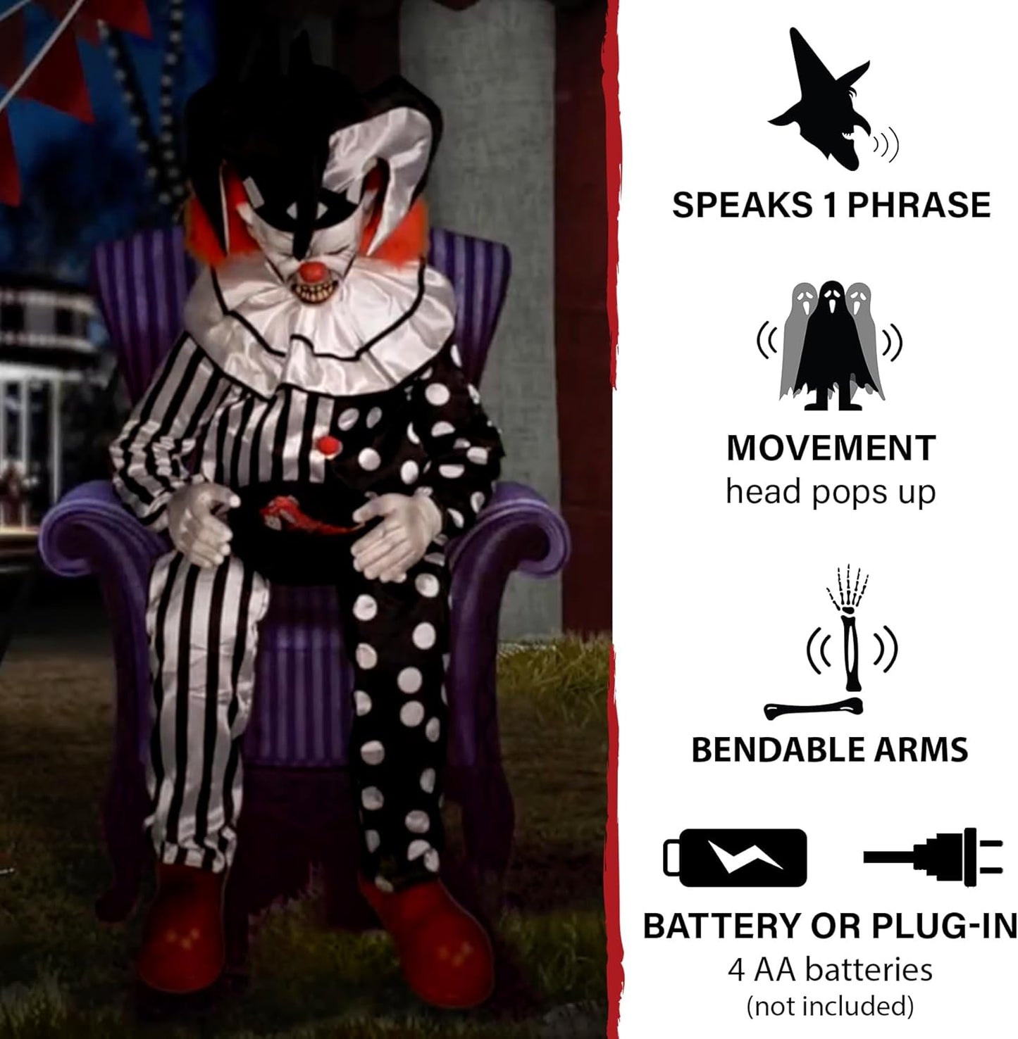 Hartley The Sitting Scare Clown by Tekky, Motion-Activated Talking Jump-Scare Halloween Animatronic for Halloween Party Prank Decoration
