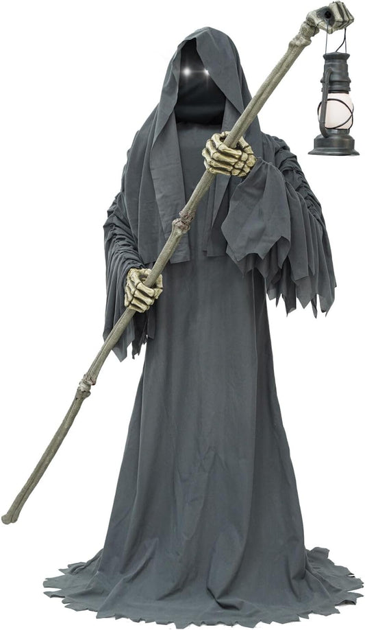 Motion-Activated 6-Ft. Tall Ghostly Guide, Plug-in Talking Scare Prop Animatronic with Spooky Sound Effects and Lights for Indoor or Covered Outdoor Creepy Halloween Decoration