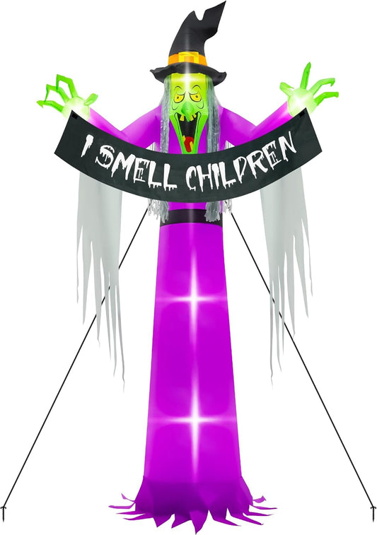 13FT Halloween Outdoor Inflatables, Scary Blow Up Witch Holding