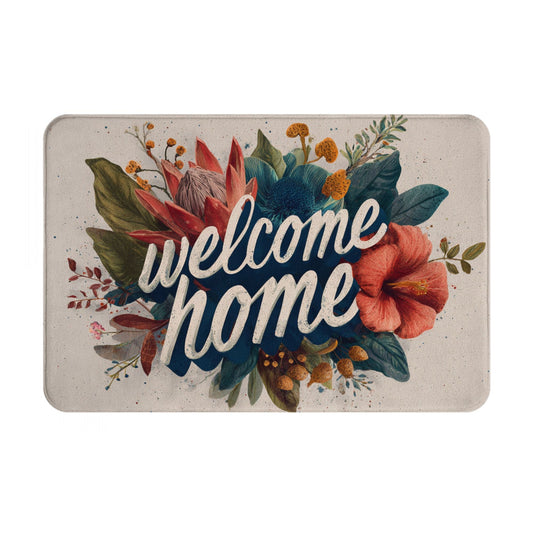 Floral Illustration “Welcome Home” Anti-Slip Floor Mat – Multi-Purpose Rug for Entryway, Bedroom, Bathroom, Living Room