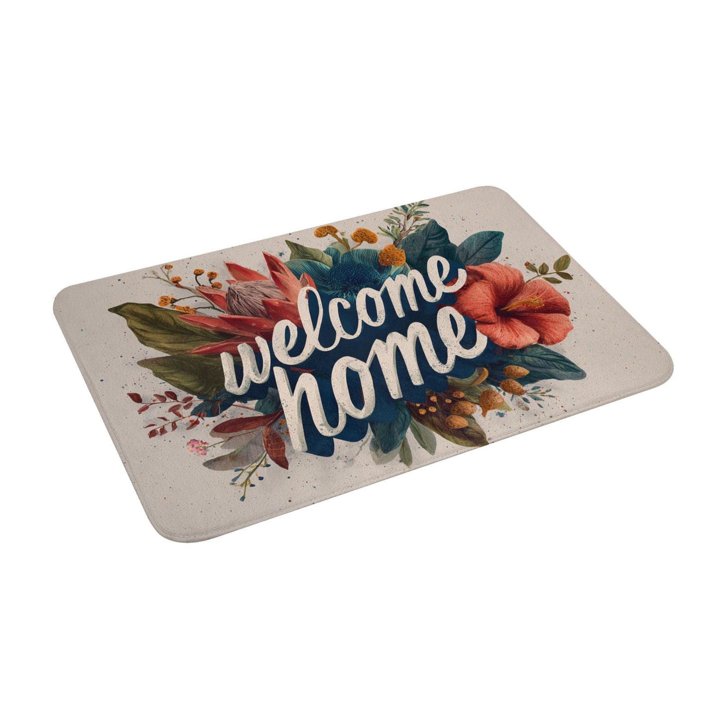 Floral Illustration “Welcome Home” Anti-Slip Floor Mat – Multi-Purpose Rug for Entryway, Bedroom, Bathroom, Living Room