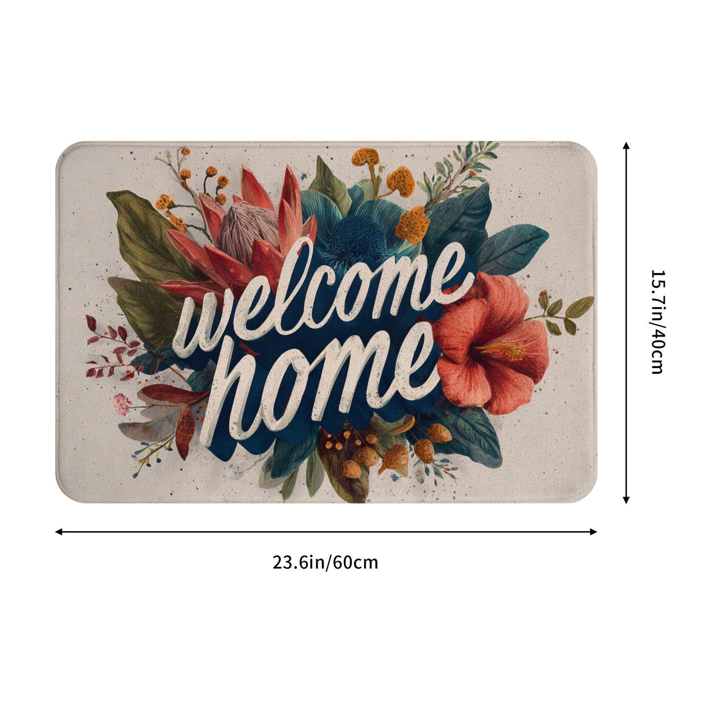 Floral Illustration “Welcome Home” Anti-Slip Floor Mat – Multi-Purpose Rug for Entryway, Bedroom, Bathroom, Living Room