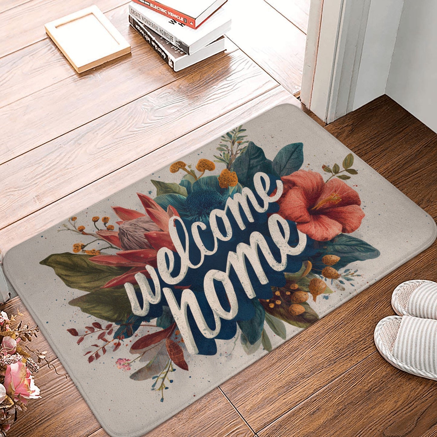 Floral Illustration “Welcome Home” Anti-Slip Floor Mat – Multi-Purpose Rug for Entryway, Bedroom, Bathroom, Living Room