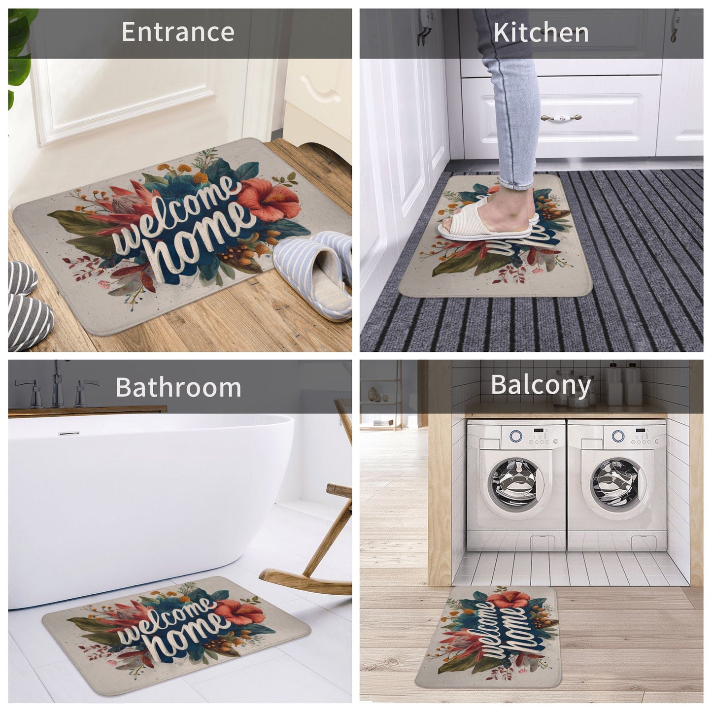 Floral Illustration “Welcome Home” Anti-Slip Floor Mat – Multi-Purpose Rug for Entryway, Bedroom, Bathroom, Living Room