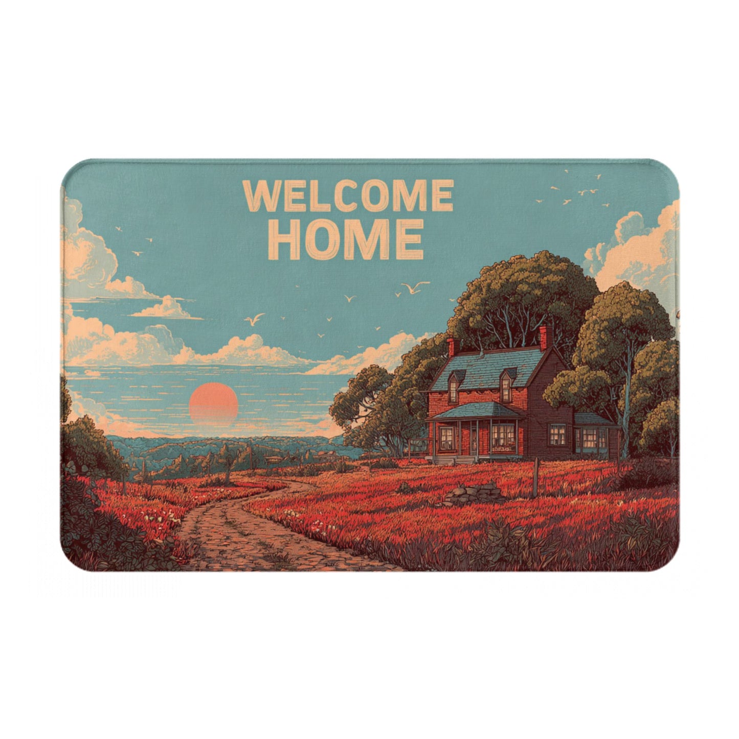 Pastoral Illustration “WELCOME HOME” Anti-Slip Floor Mat – Cozy Rug for Entryway, Bedroom, Living Room