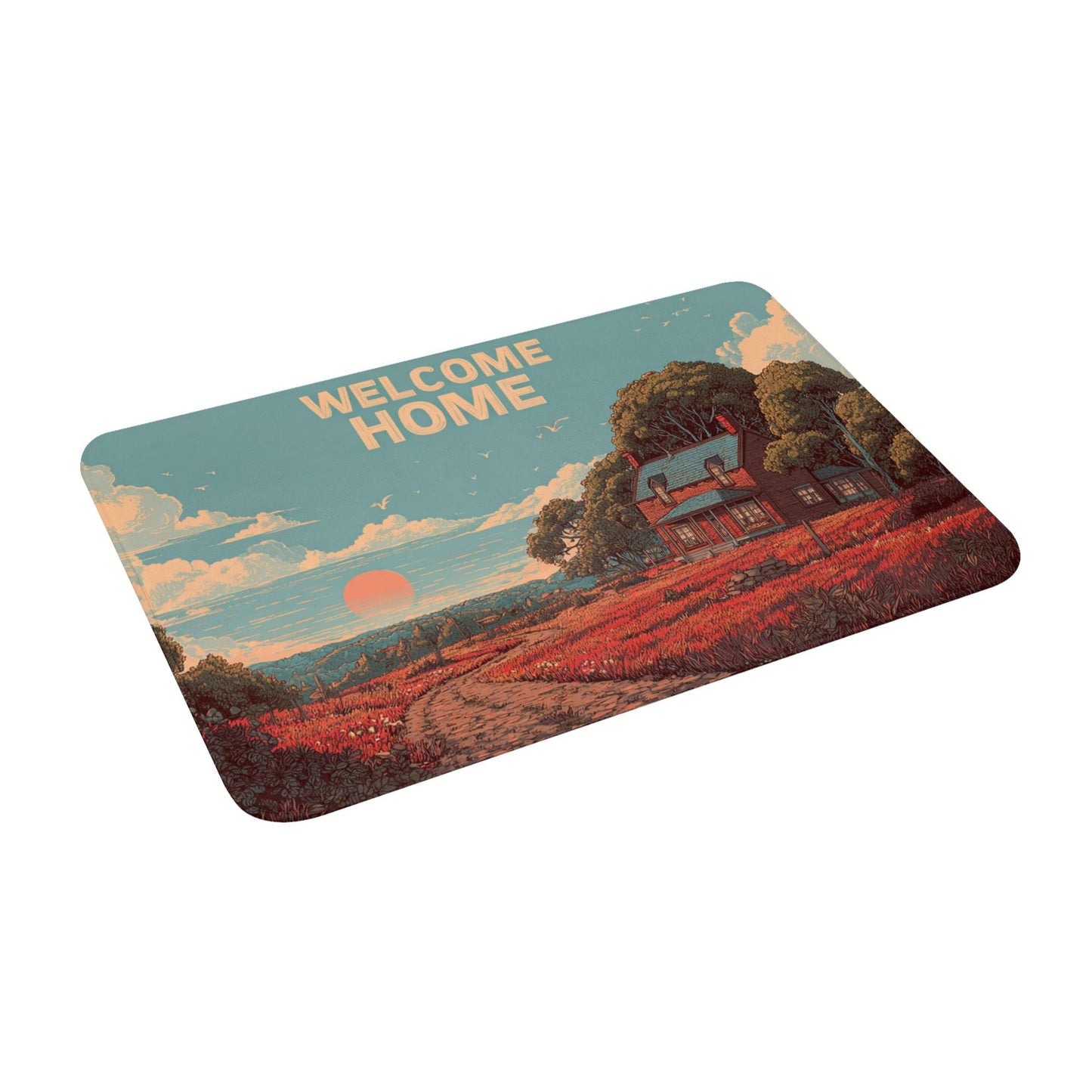 Pastoral Illustration “WELCOME HOME” Anti-Slip Floor Mat – Cozy Rug for Entryway, Bedroom, Living Room