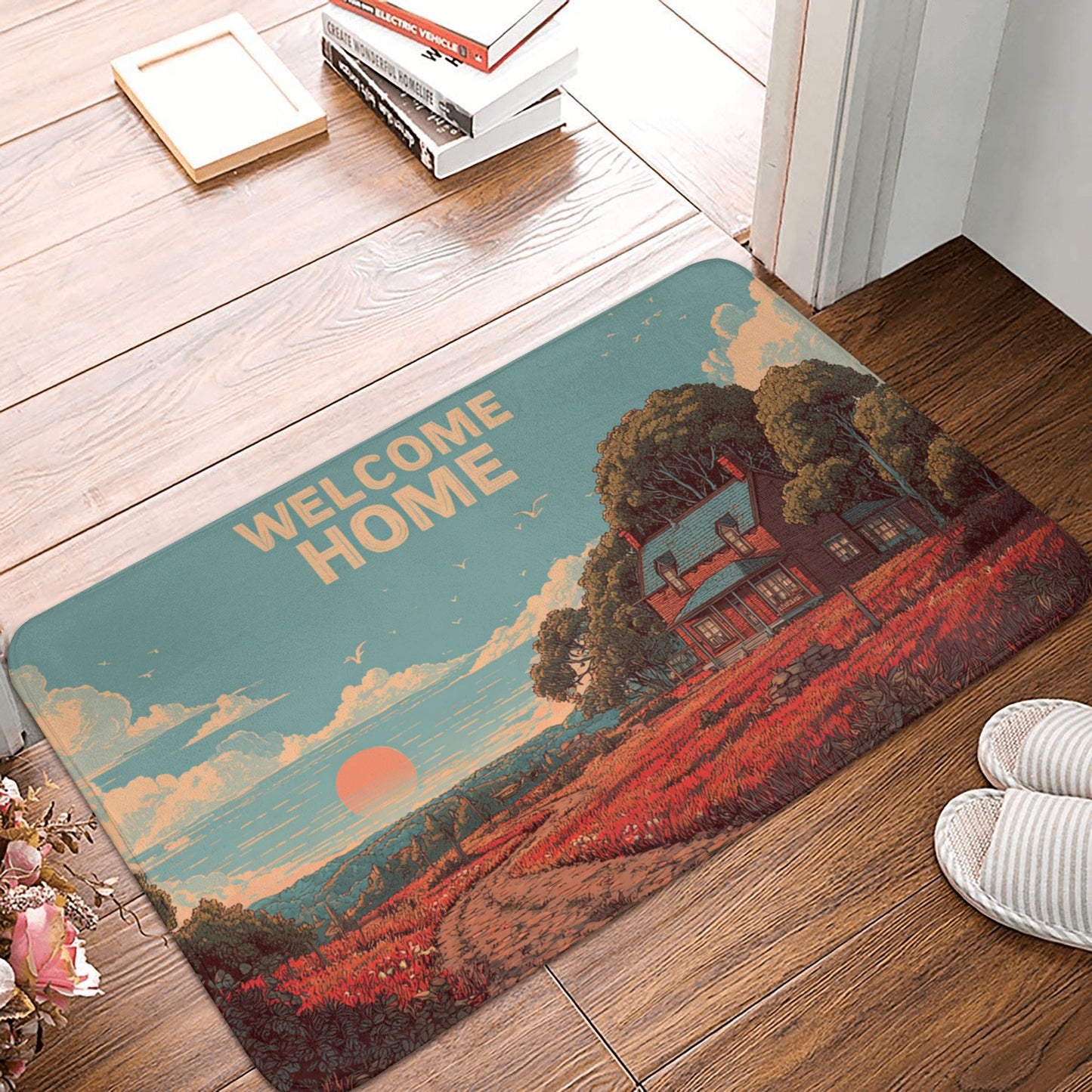 Pastoral Illustration “WELCOME HOME” Anti-Slip Floor Mat – Cozy Rug for Entryway, Bedroom, Living Room