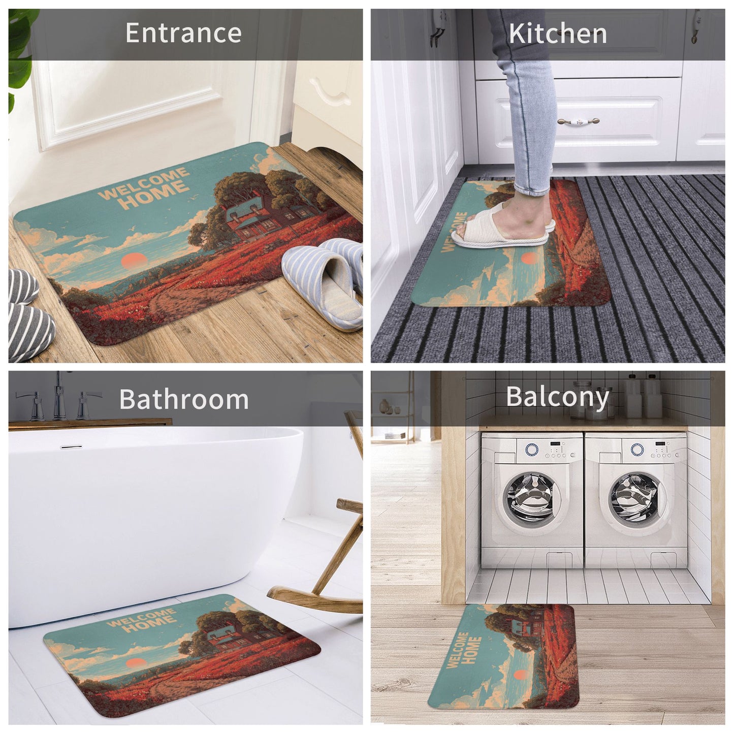 Pastoral Illustration “WELCOME HOME” Anti-Slip Floor Mat – Cozy Rug for Entryway, Bedroom, Living Room