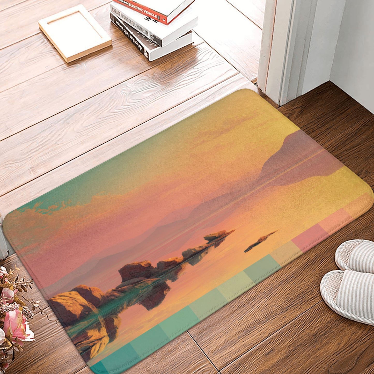 Sunset Lakeside Scenery Anti-Slip Floor Mat – Artistic Rug for Entryway, Bedroom, Living Room