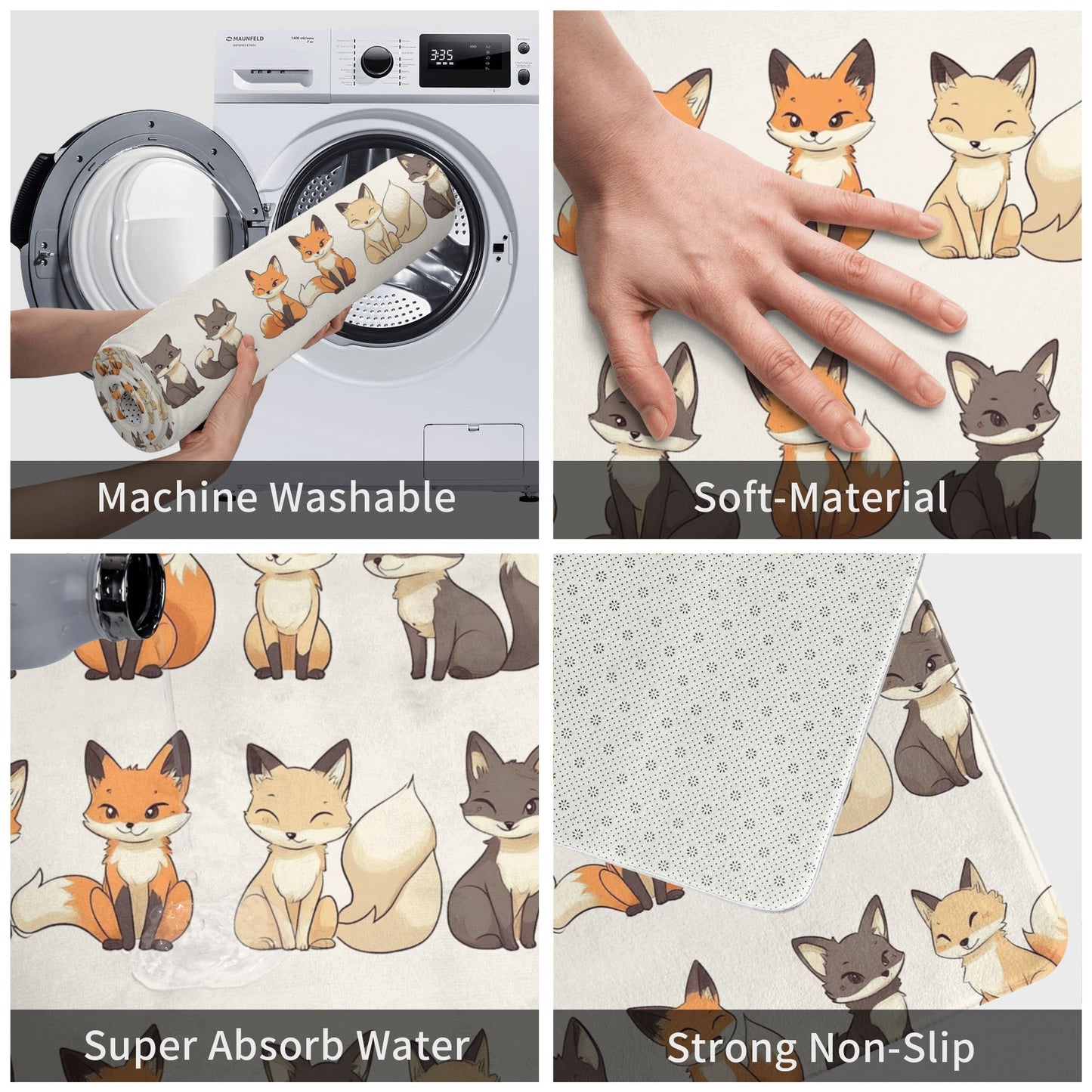 Cute Cartoon Fox Non-Slip Floor Mat | Adorable Animal Printed Rug for Entryway, Bedroom, Bathroom, Kitchen – 60×40cm Soft, Absorbent & Quick-Dry