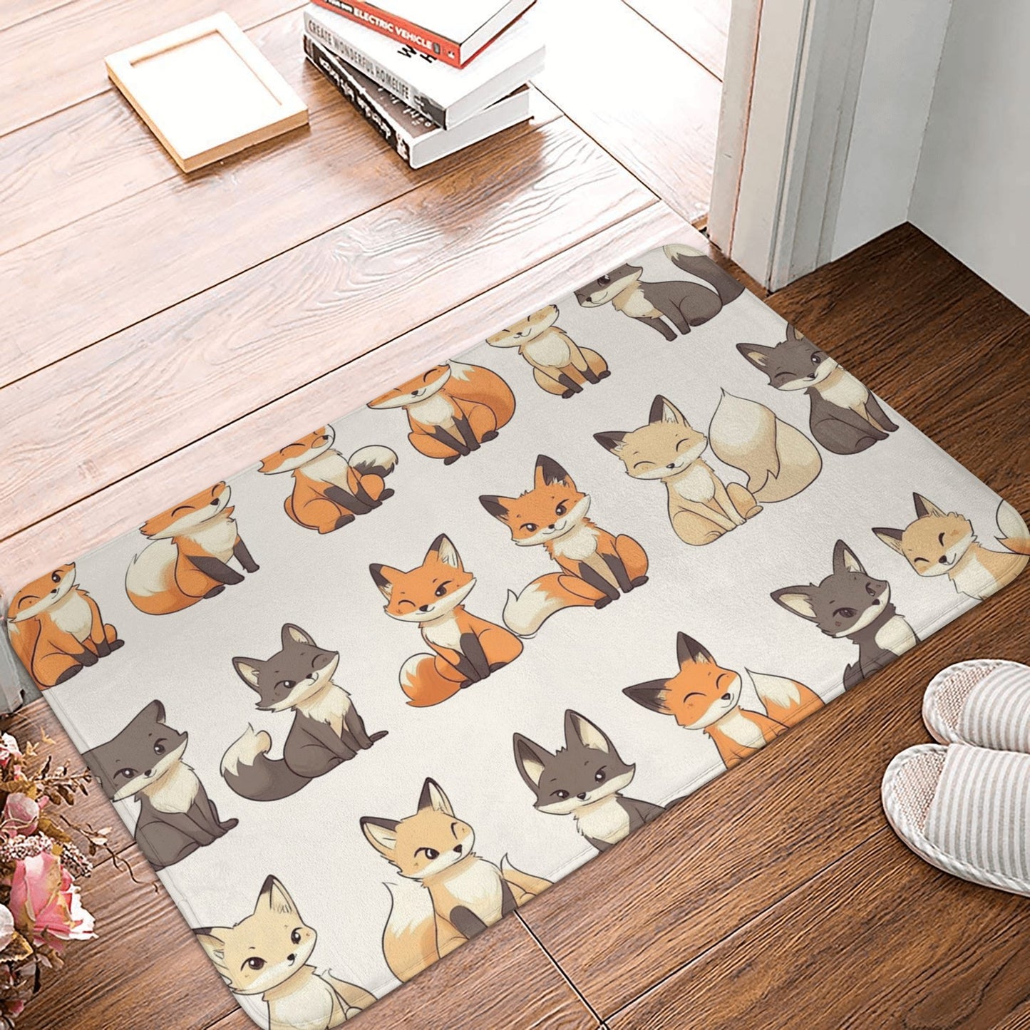 Cute Cartoon Fox Non-Slip Floor Mat | Adorable Animal Printed Rug for Entryway, Bedroom, Bathroom, Kitchen – 60×40cm Soft, Absorbent & Quick-Dry