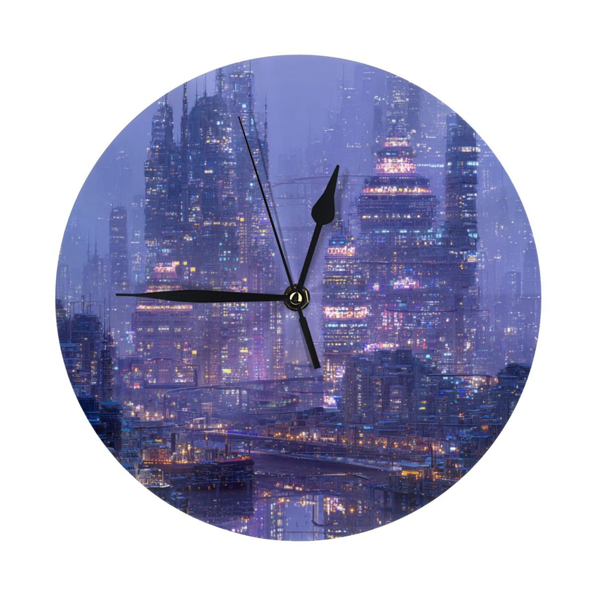 Futuristic Sci-Fi City Night View Round Wall Clock – Modern Silent Decorative Clock for Living Room, Bedroom, Study & Office – 25cm