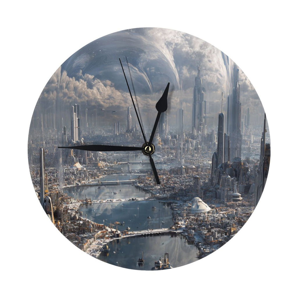 Futuristic Cityscape Round Wall Clock – 25cm Silent Quartz Modern Home Decoration for Living Room, Bedroom, Office