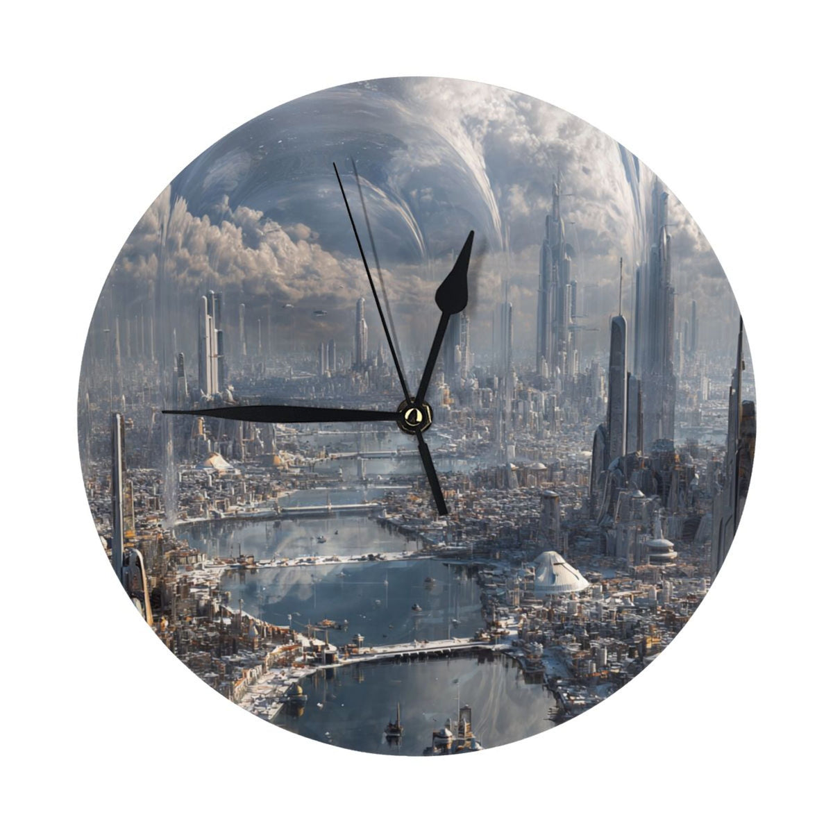 Futuristic Cityscape Round Wall Clock – 25cm Silent Quartz Modern Home Decoration for Living Room, Bedroom, Office