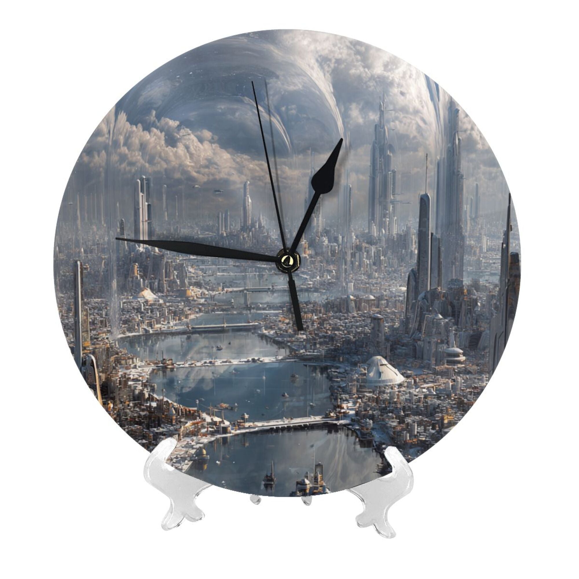 Futuristic Cityscape Round Wall Clock – 25cm Silent Quartz Modern Home Decoration for Living Room, Bedroom, Office