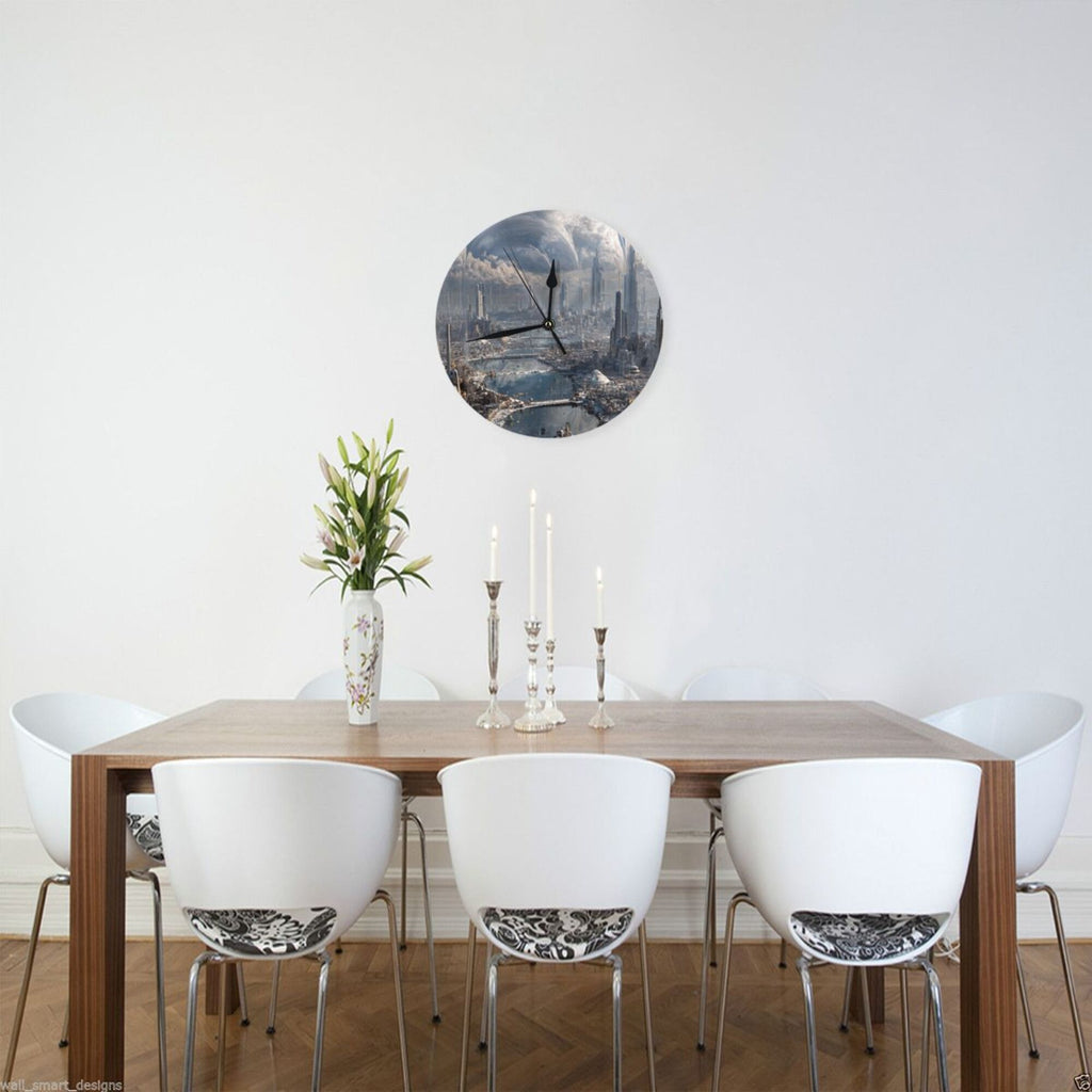 Futuristic Cityscape Round Wall Clock – 25cm Silent Quartz Modern Home Decoration for Living Room, Bedroom, Office