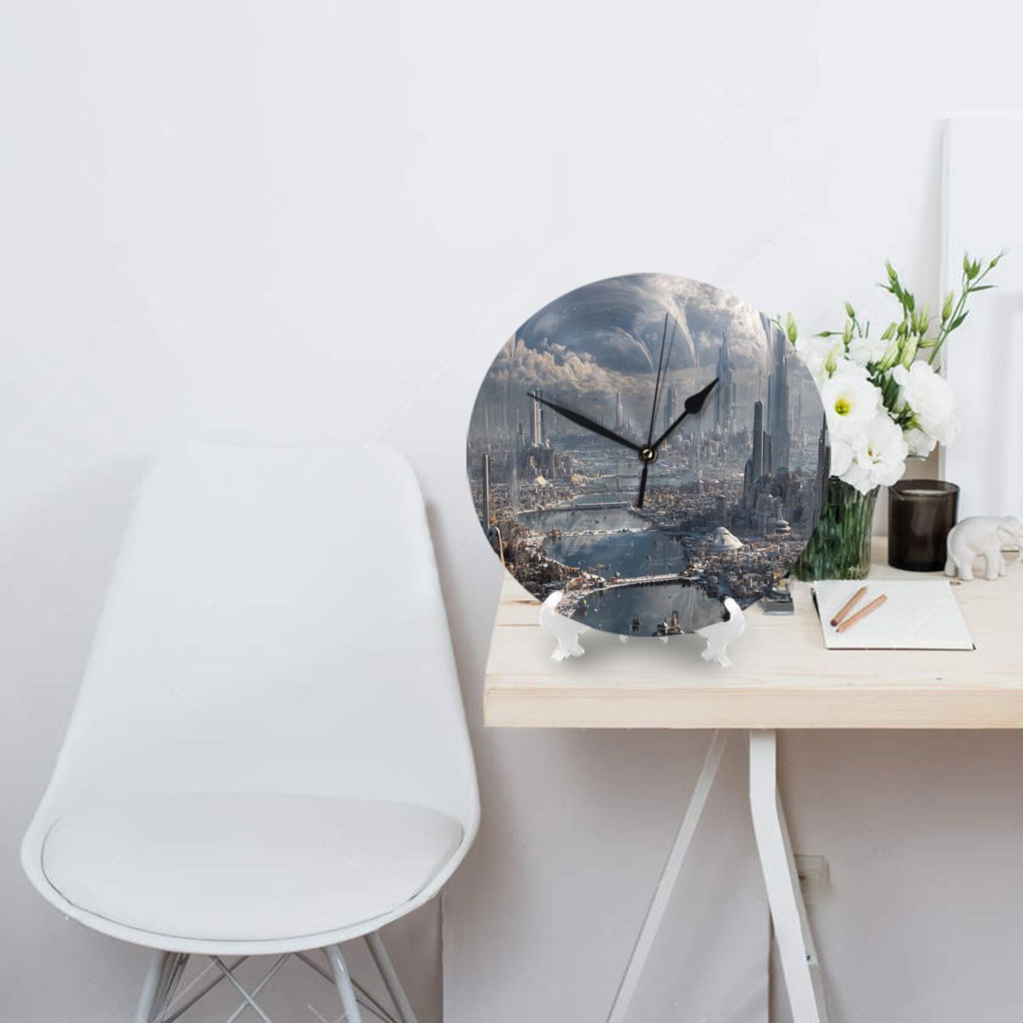 Futuristic Cityscape Round Wall Clock – 25cm Silent Quartz Modern Home Decoration for Living Room, Bedroom, Office
